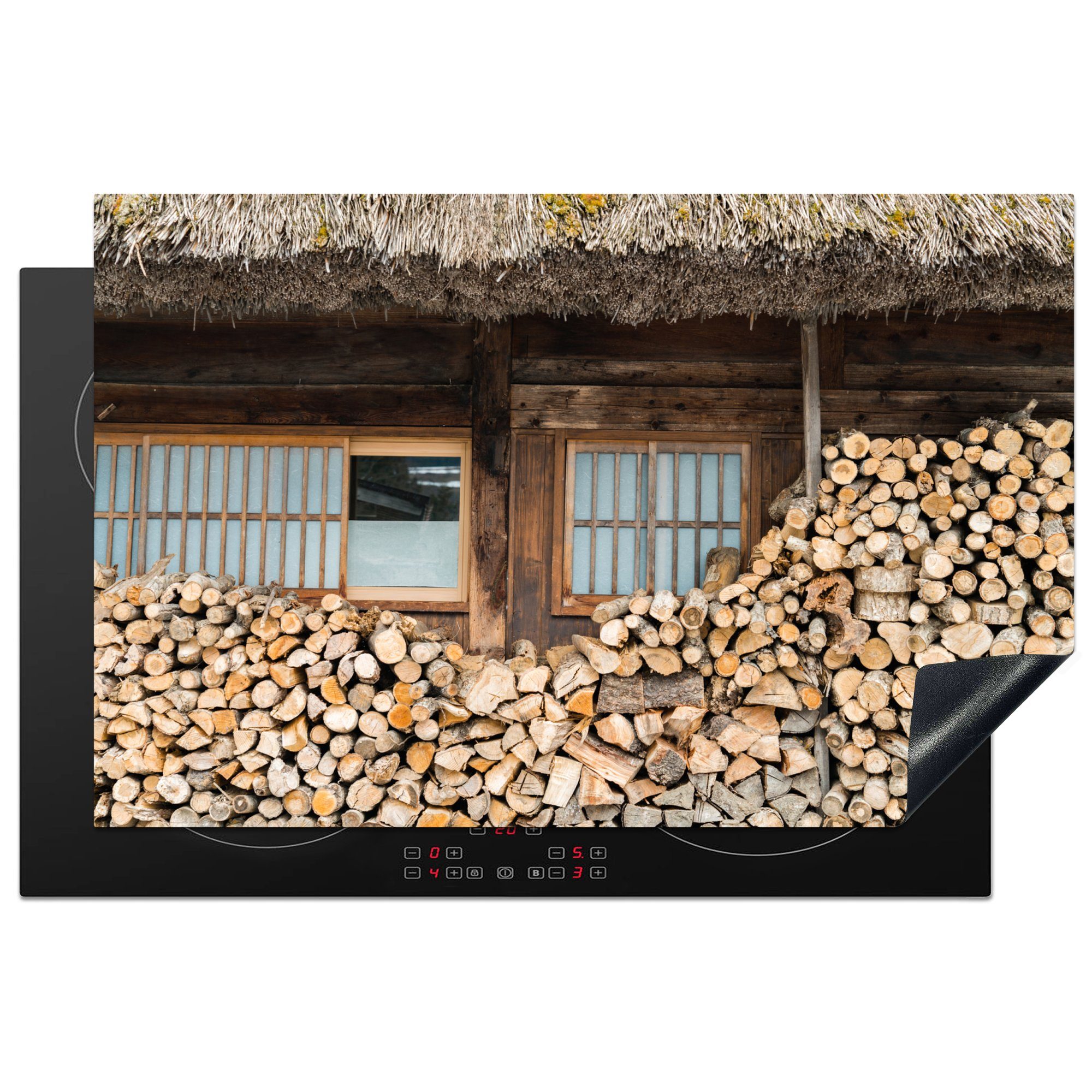MuchoWow Herdblende-/Abdeckplatte Brennholz für ein Haus, Vinyl, (1 tlg), 81x52 cm, Induktionskochfeld Schutz für die küche, Ceranfeldabdeckung