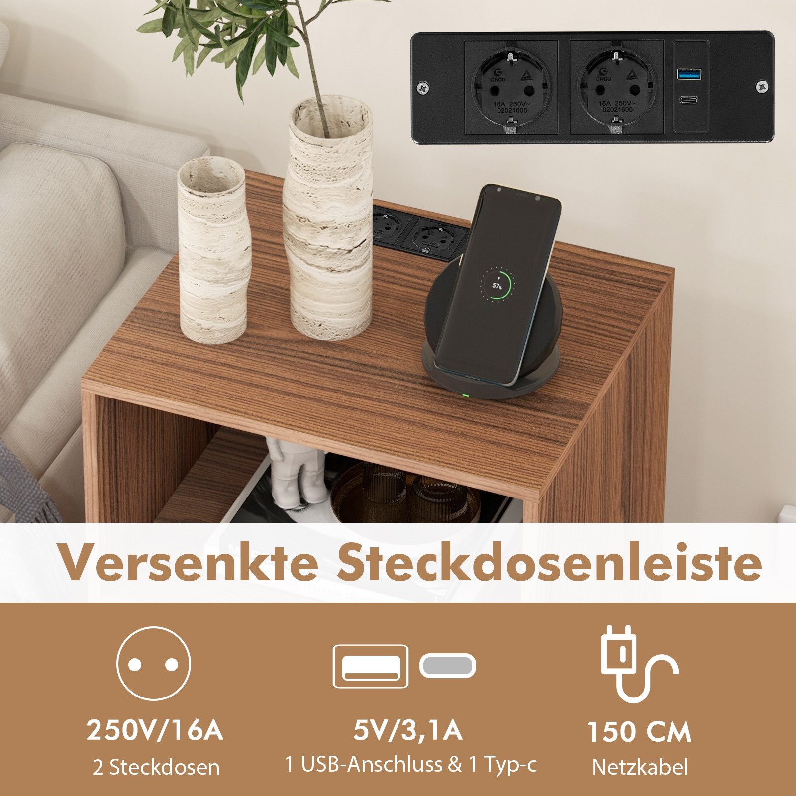 COSTWAY Nachttisch, Plattenspieler-Ständer mit Ladestation,48x40x88cm günstig online kaufen