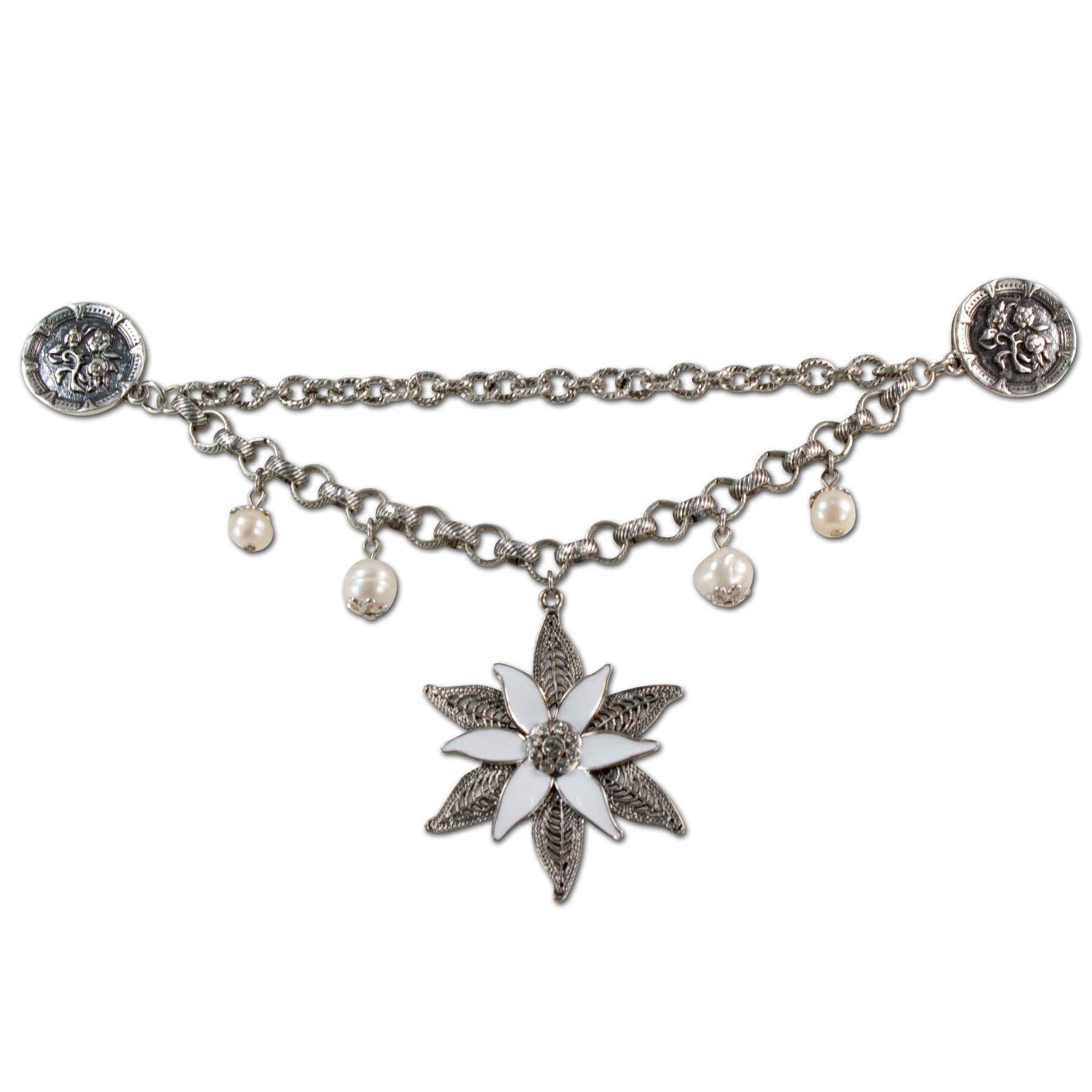 Alpenflüstern Kette mit Anhänger Dirndl-Charivari Glamour-Edelweiß mit Pin-Verschluss (antik-silber-farben), - Hochwertiger Damen-Trachtenschmuck mit Strass-Edelweiß und Perlen, Dirndlkette für die Tracht