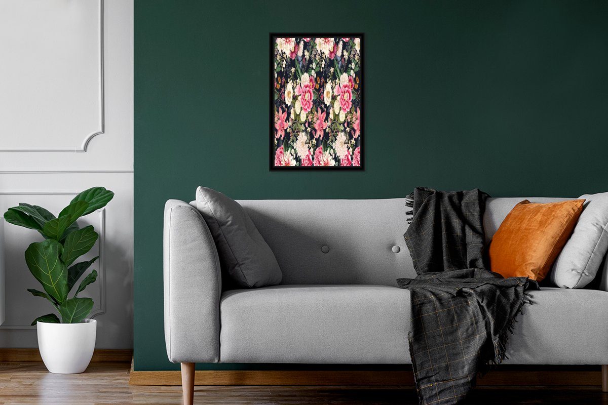 MuchoWow Poster Blumen - Anemone Collage, Bilderrahmen Wanddeko, St), - Bilder, Lilie Poster, Gerahmtes - (1 Schwarzem Wandposter