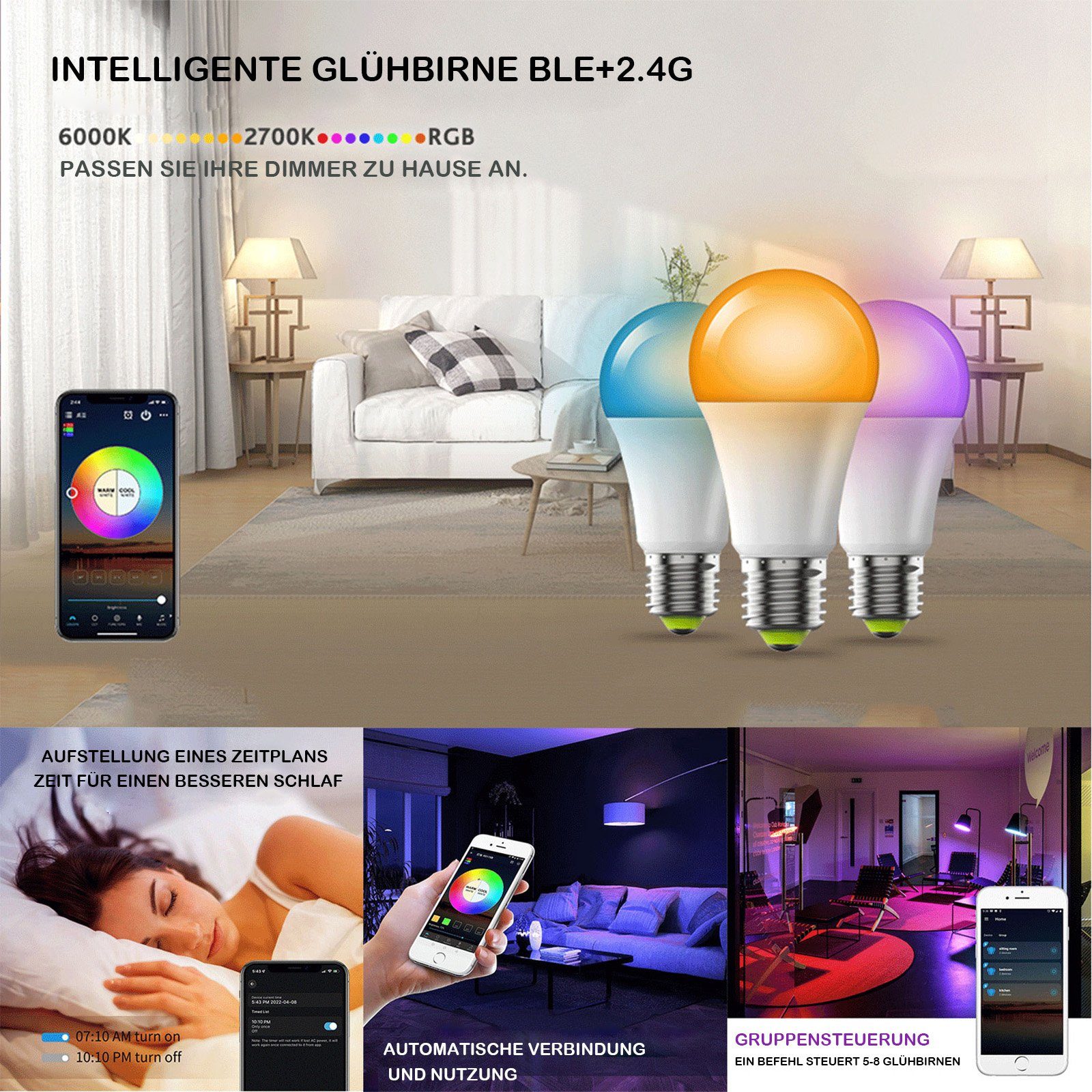 LED-Leuchtmittel RGBCW Lampe 1 Schlafzimmer Glühbirnen, 2700K-6500K Sunicol App für LED 10W Farbige Dimmbar St., Wohnzimmer E27 Bluetooth