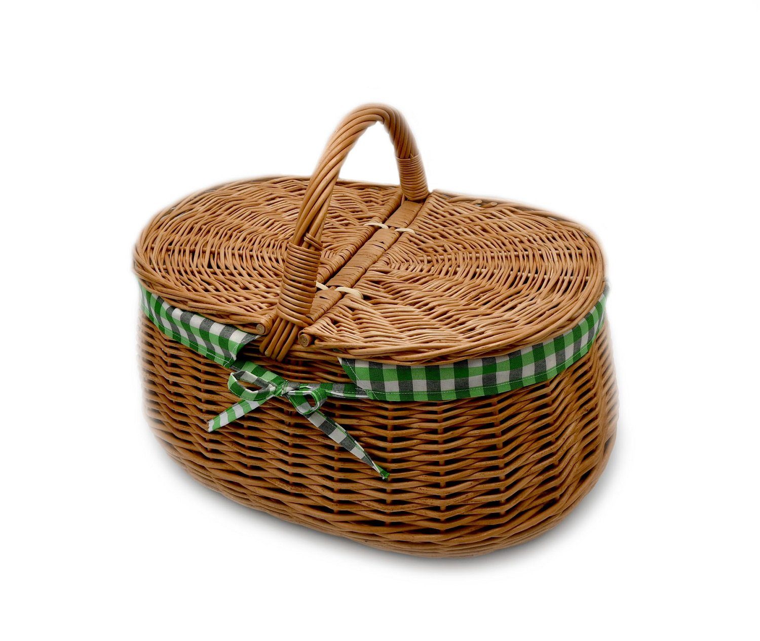 MyBer® Picknickkorb Weidenkorb Tragekorb Einkaufskorb Korb aus Weide geflochten braun (1 St., mit 2 Deckeln und pflegeleichter Stoffeinlage (grün-grau-weiß), Sehr stabil. Natürliche Weide. Echte Handarbeit!