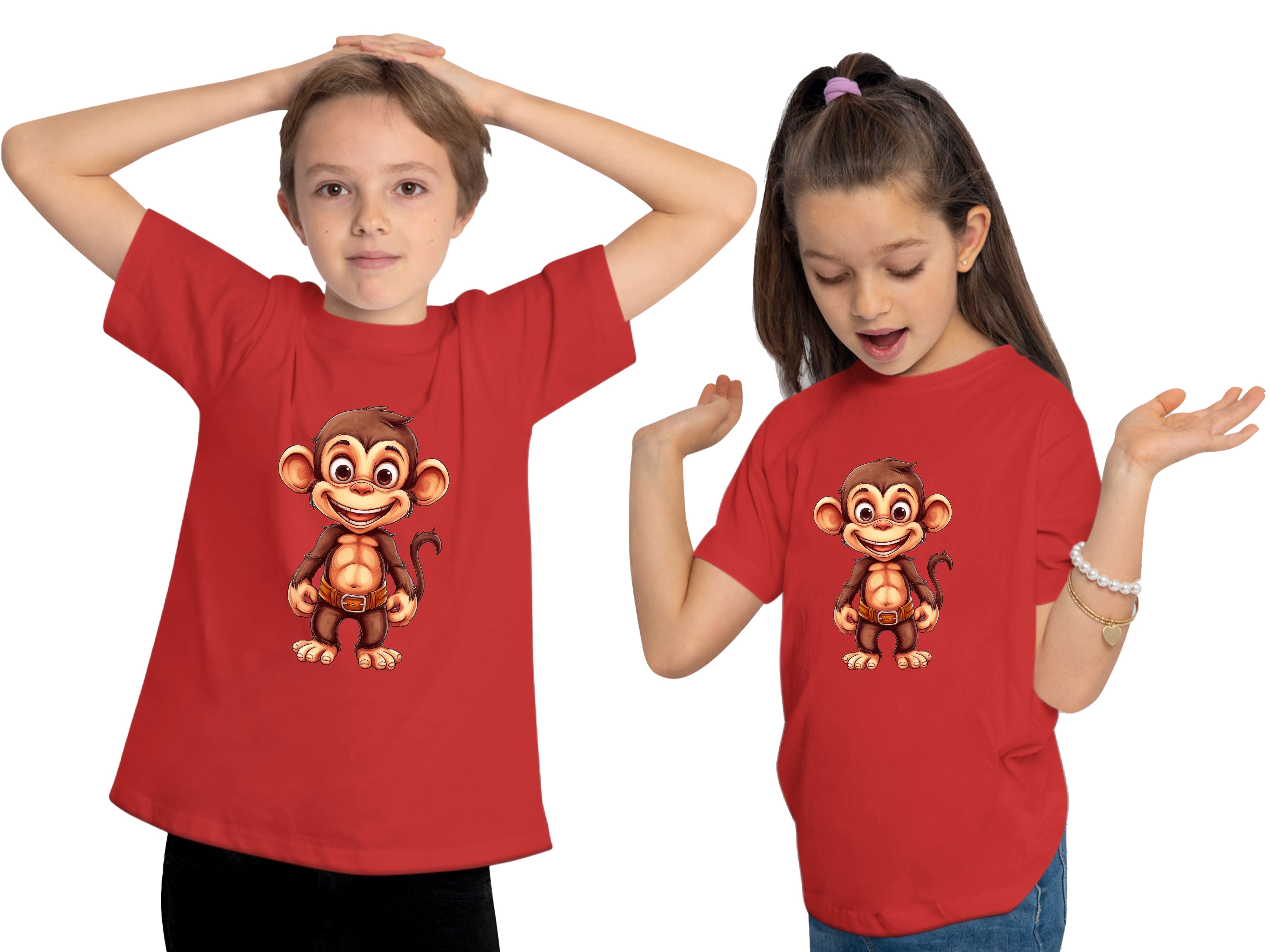 MyDesign24 T-Shirt Kinder Wildtier Print i276 rot bedruckt Baby Baumwollshirt mit Affe Schimpanse Shirt Aufdruck, 