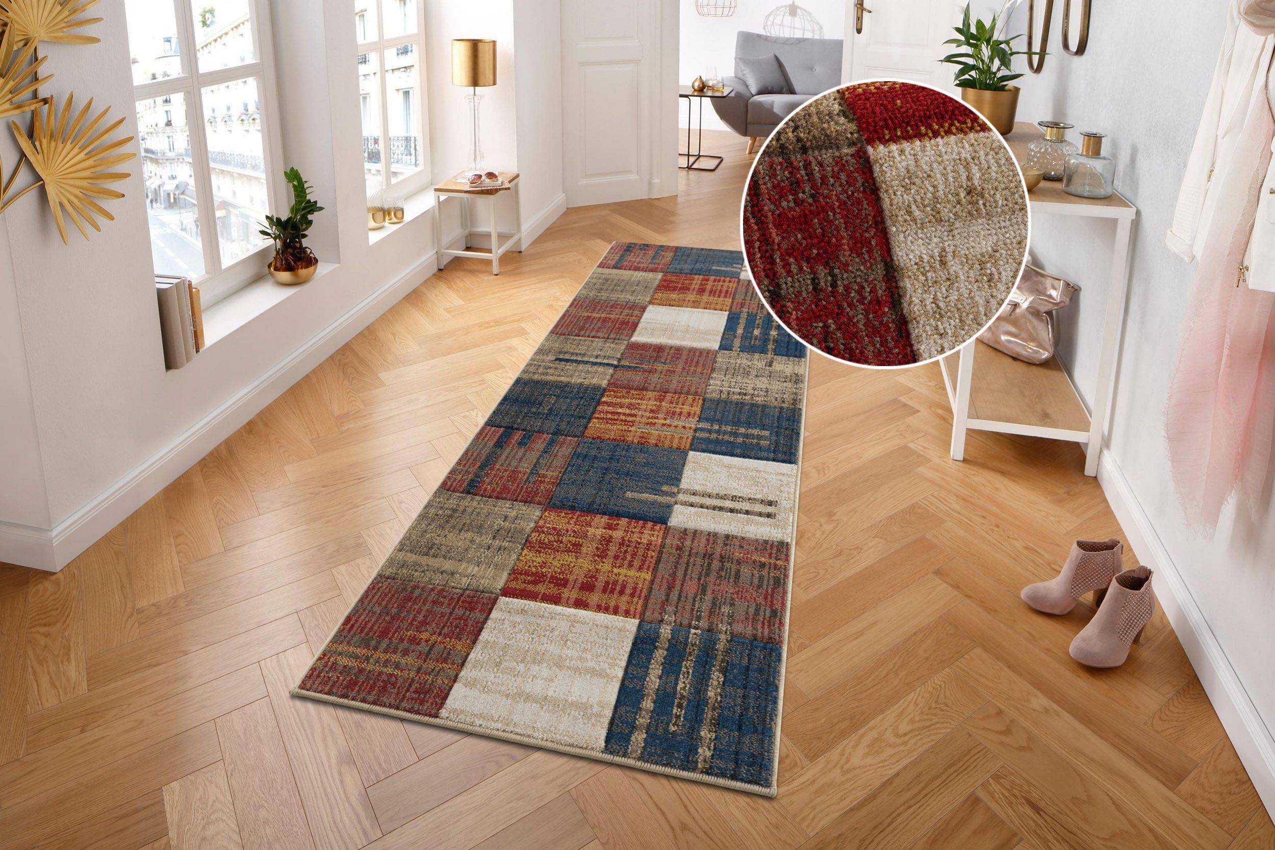 OTTO home Läufer Beliz, rechteckig, Höhe: 9 mm, mit Konturenschnitt, Kurzflor, Karo-Muster, 3D-Design