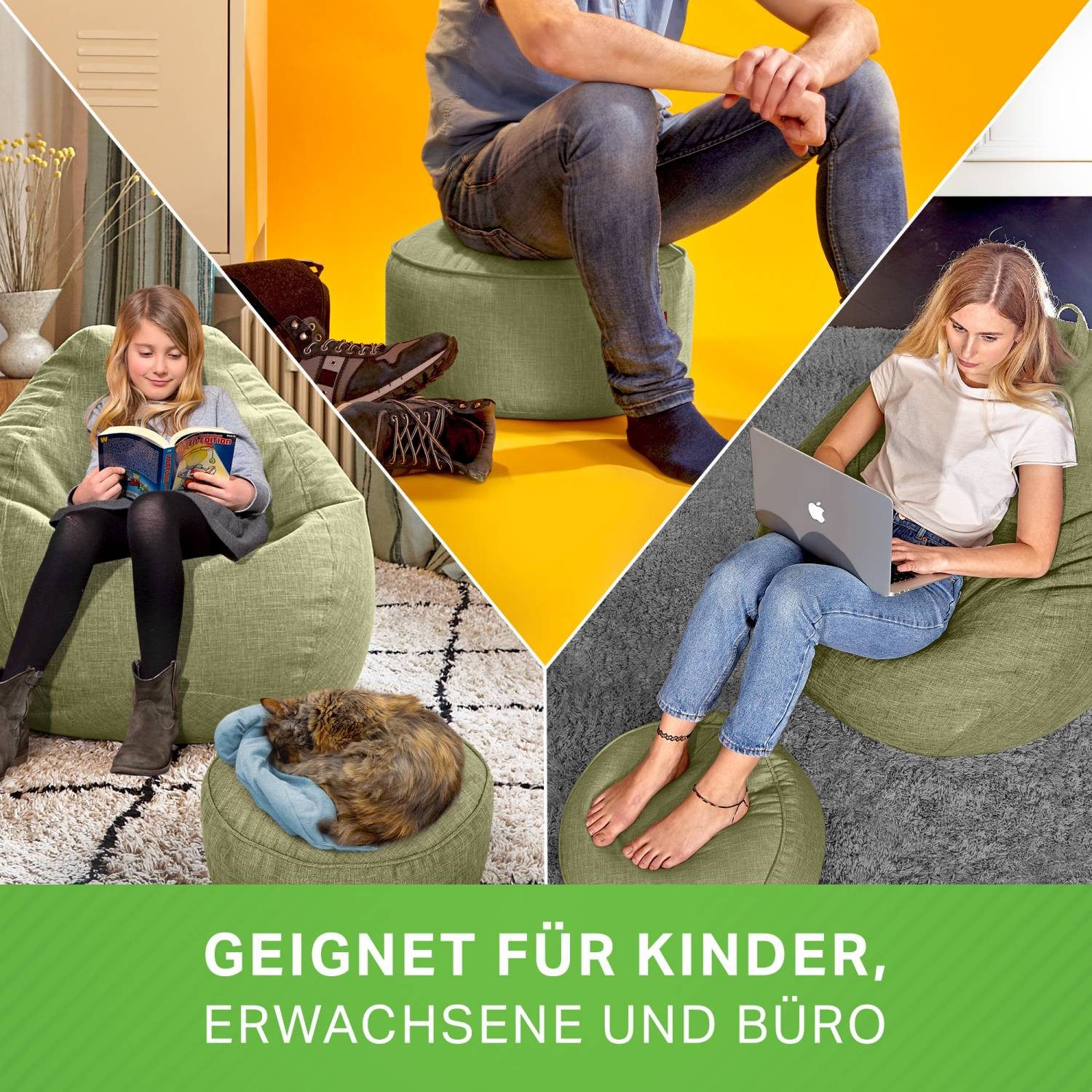 Green Bean Pouf Sitzsack-Hocker Home Linen 45x25cm (Sitzsack-Hocker 45x25cm mit EPS-Perlen Füllung -, Fußhocker Fußkissen Sitz-Pouf für Sitzsäcke), Bodenkissen  – Bild 5 von 5