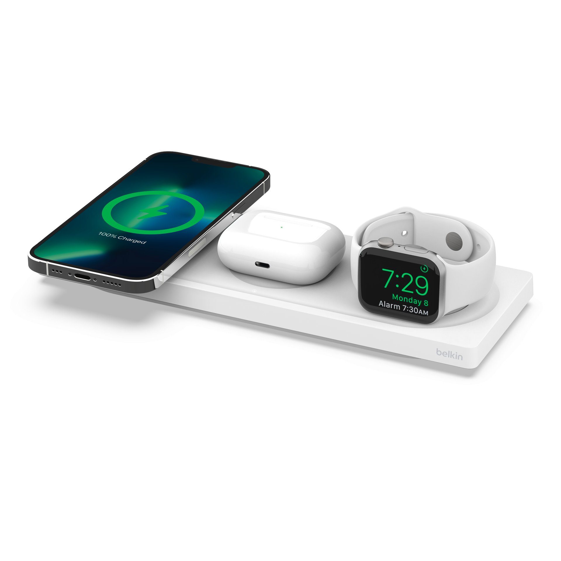 Belkin Belkin drahtloses 3-in-1 MagSafe Ladepad Smartphone-Ladegerät (inkl. Netzteil kompatibel für iPhone der Serie 15/14/13/12, für iPhone, Apple Watch und AirPods, Wireless Ladegerät/Ladestation)