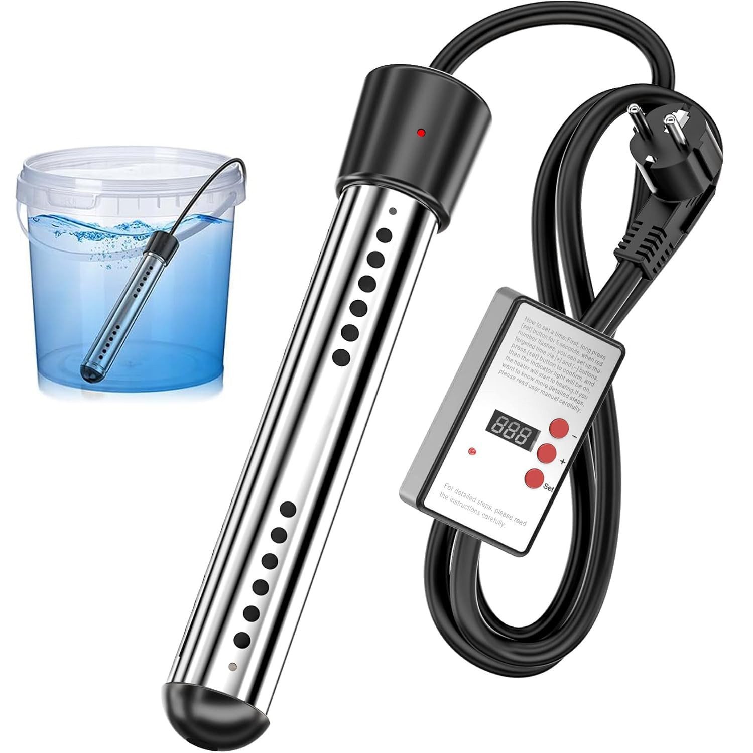 Ophy Tauchsieder 3000 W Tauchsieder – tragbarer elektrischer Warmwasserbereiter, mit Edelstahlschutz – Timer & automatische Abschaltung