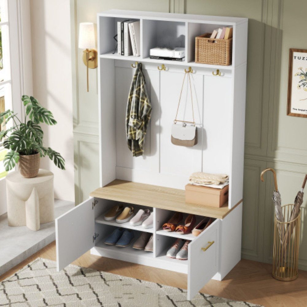 XDeer Garderobenstange Garderobenset mit Sitzbank, Schuhregal offenem Stauraum und, und 2 Türen – Kompaktgarderobe mit 4 Haken,Maße 105 × 40 × 180 cm