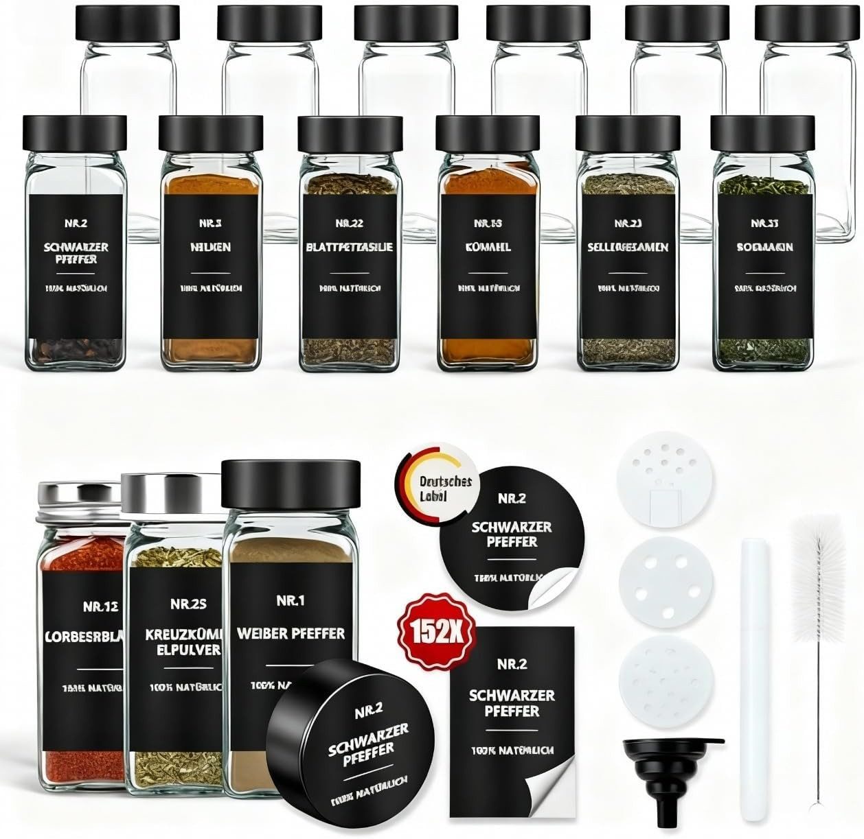 BBWL Pfefferstreuer Gewürzgläser Set eckig 120 ml mit Zubehör, 12er, 24er oder 36er Set, (12-tlg), luftdichte Gewürzdosen aus Glas mit Etiketten für Schubladen&Organizer