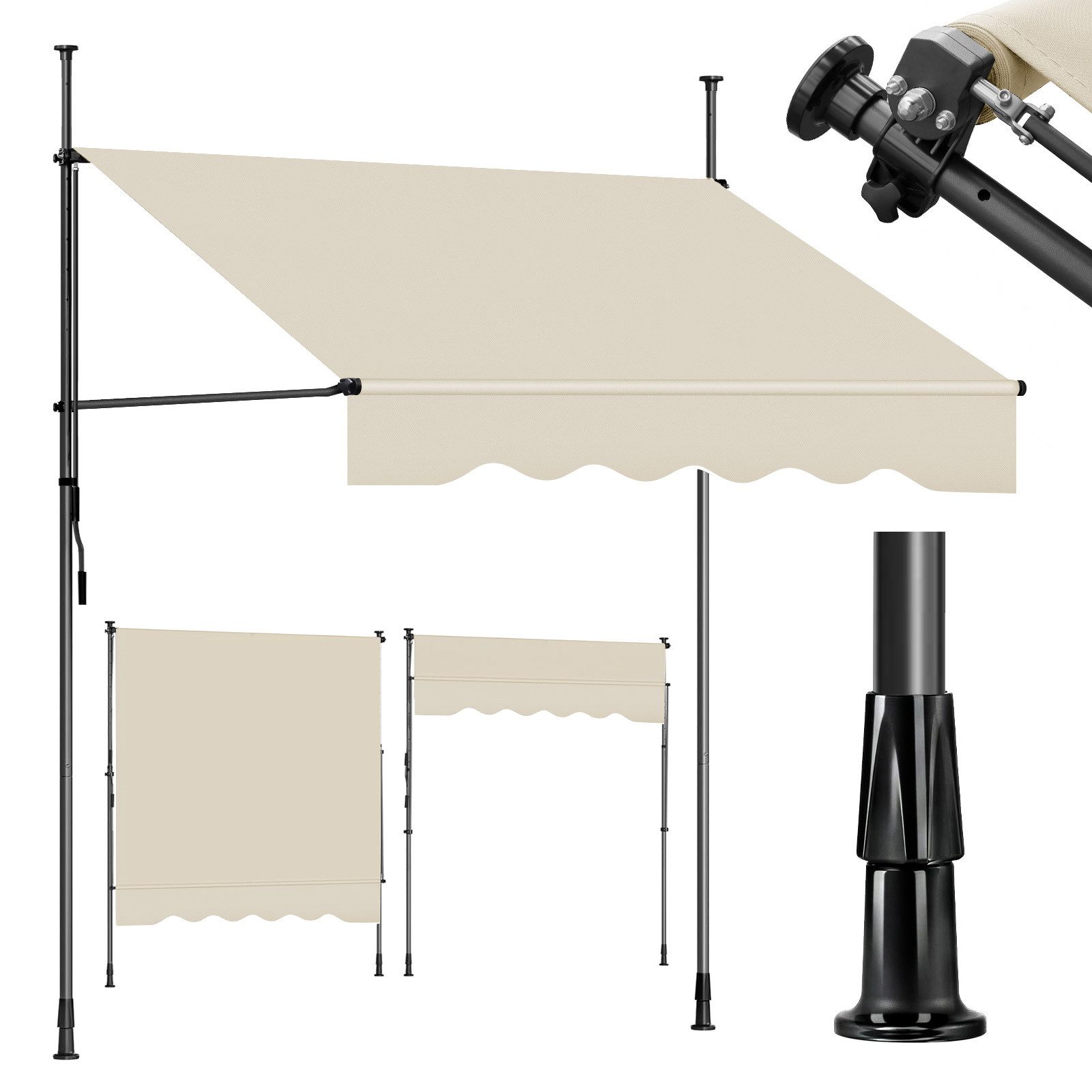 Sekey Klemmmarkise Markise für balkon mit Kurbel Sonnenschutz ohne Bohren UV-beständig B x H: 200 x 212-310 cm, Beige