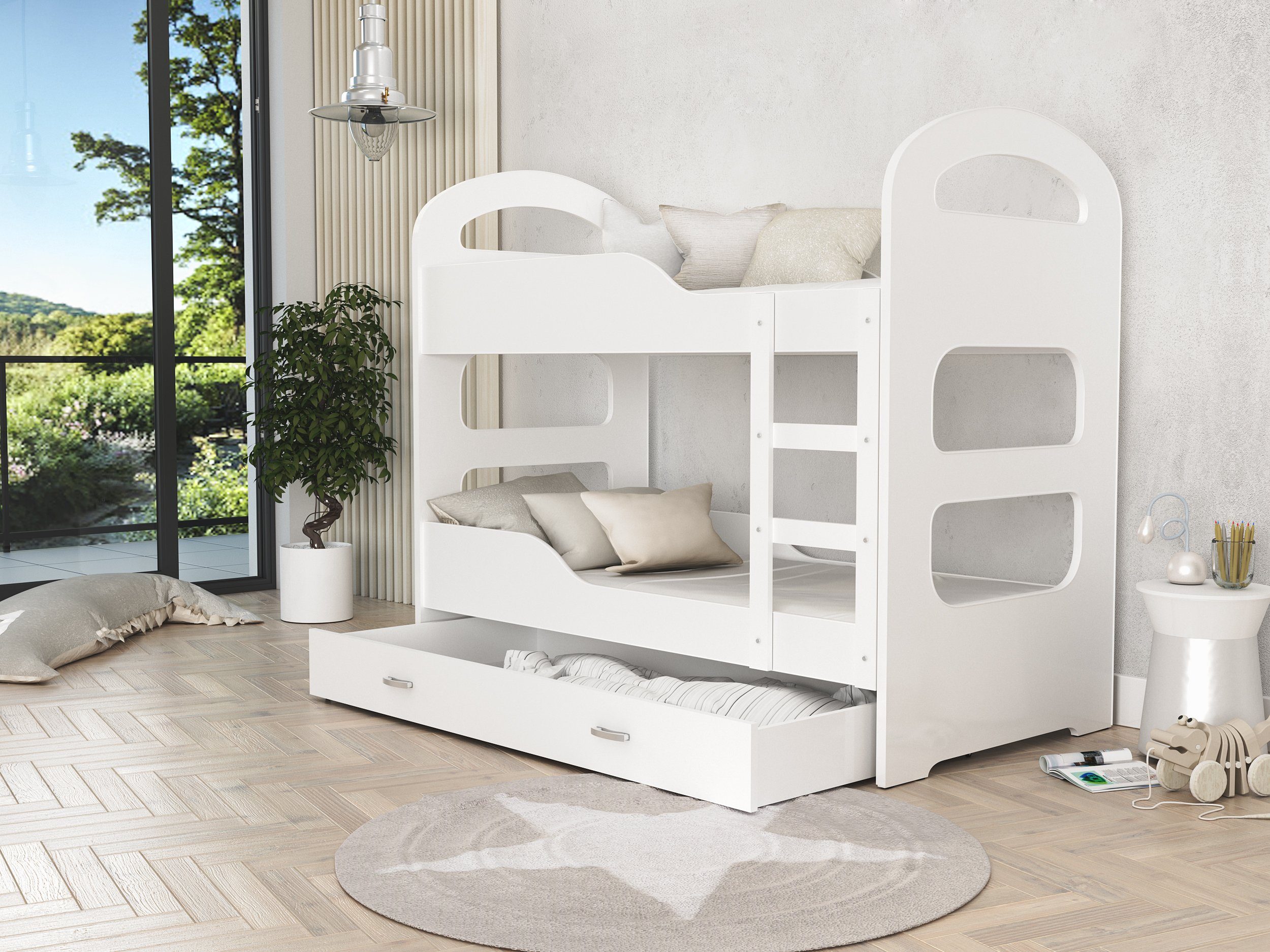 Kinderbett Möbelplatte Lattenrost, (Flexibler Siblo Massivholz, Bubu Weiß Schublade, Sicherheitsbarriere),