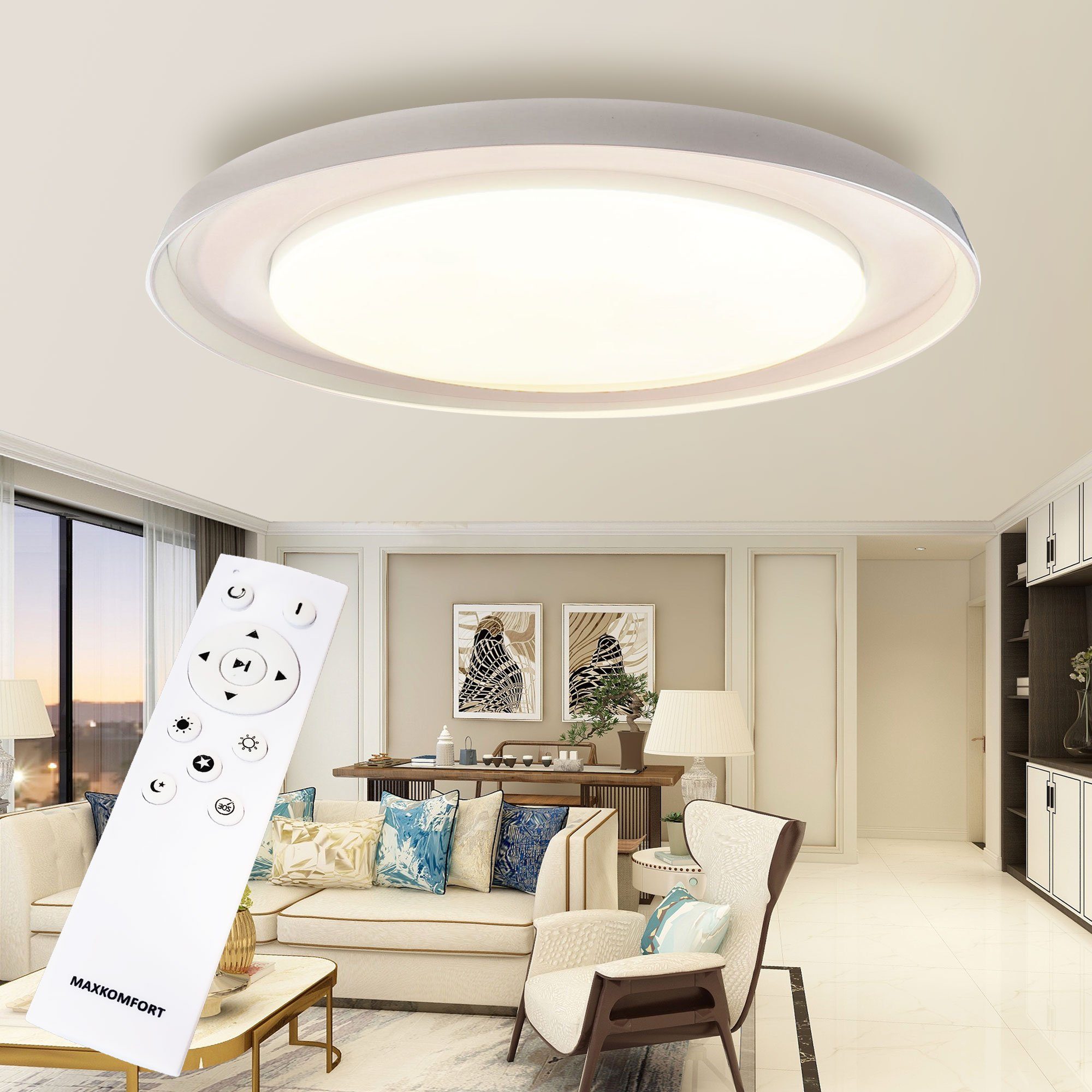 Maxkomfort LED Deckenleuchte Dimmbar mit Fernbedienung 48W - 3 Lichtfarben wechselbar, LED fest integriert, Warmweiß/Kaltweiß/Neutralweiß, Moderne Deckenlampe - 3000K/4000K/6500K Ultraflach Rund ∅55cm