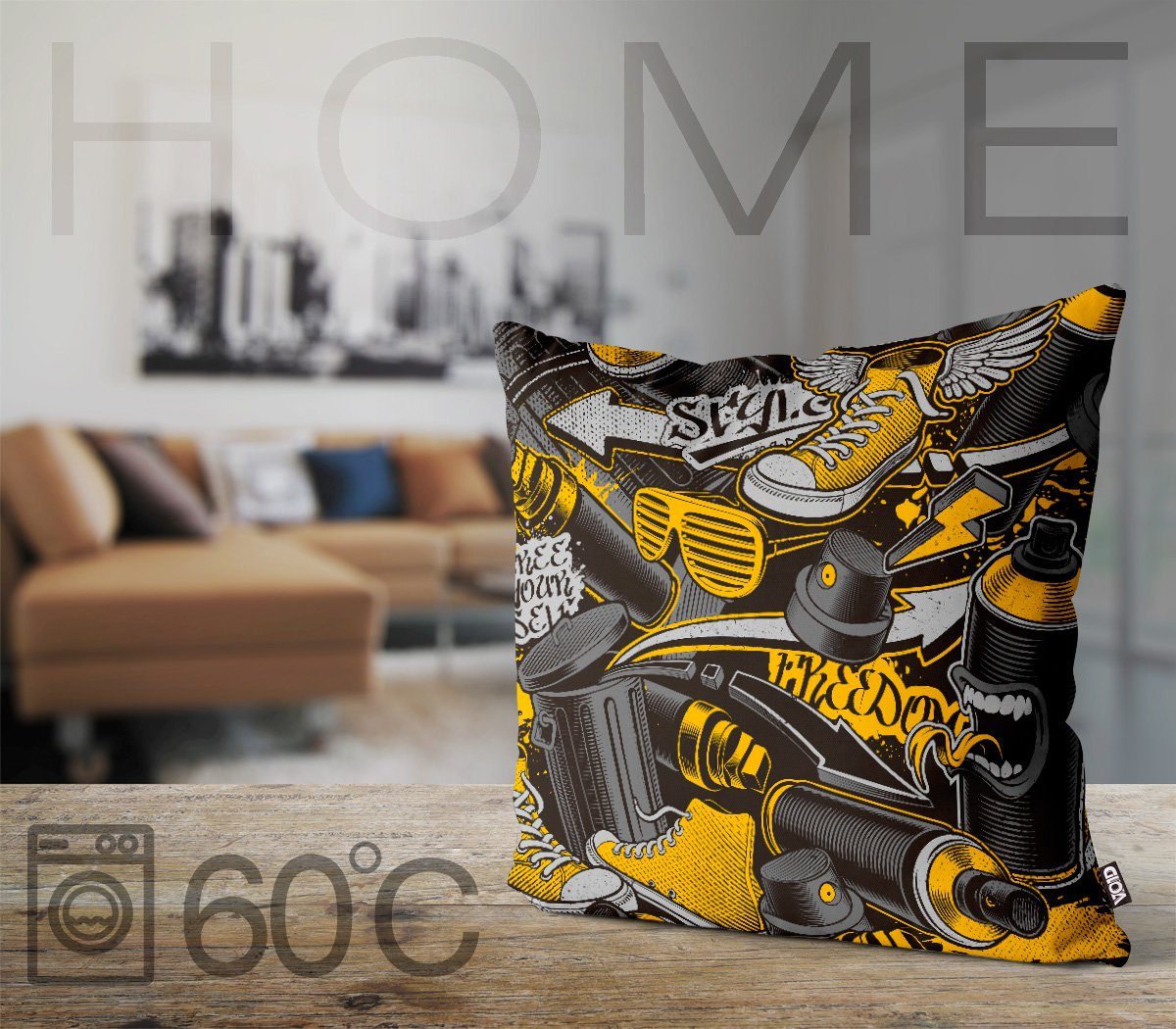 Kassette Spraydose Sprayer VOID Kissenbezug, Street Musik Skater Hiphop modern grunge Sofa-Kissen Deko Graffiti Style Malen (1 Boxen Farben Art Stück), Skateboard