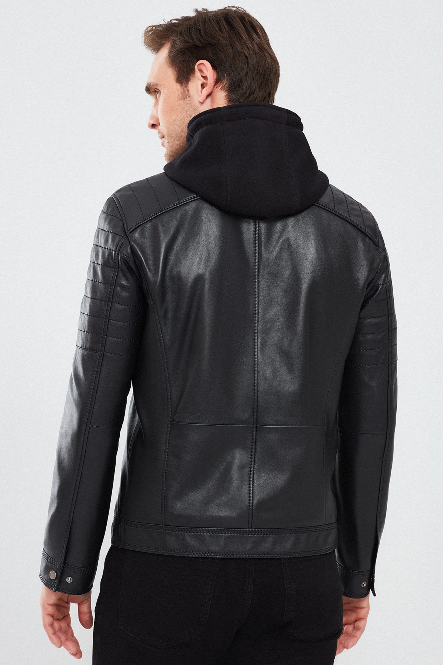 Derimod Lederjacke Sergio Kapuzen-Sport-Lederjacke Regular Fit, Reißverschluss, Mit Kapuze, Kurz, Textilfutter