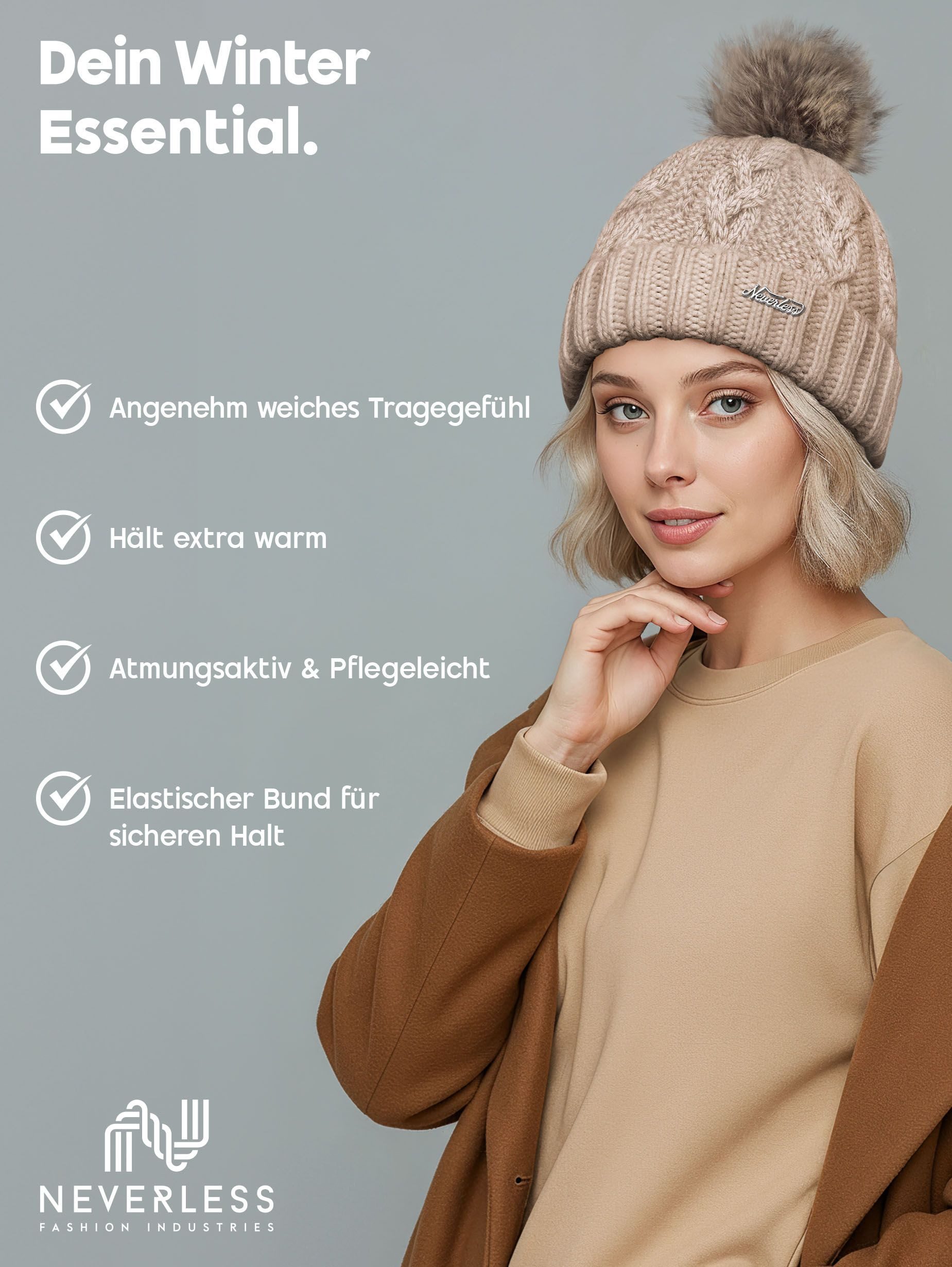 Neverless Strickmütze Damen Strickmütze Zopfstrickmuster Bommelmütze gefüttert mit Fleece