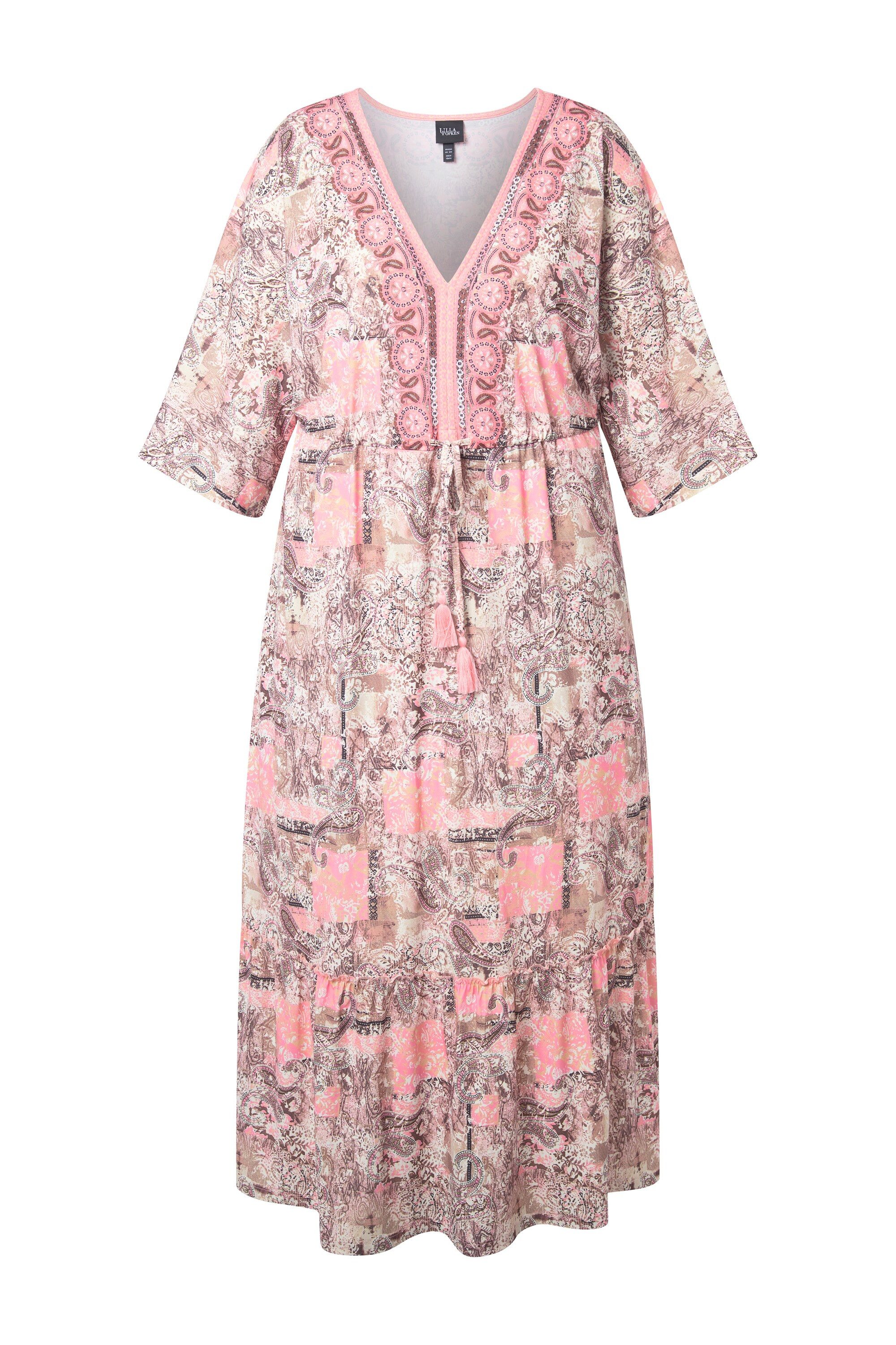 Ulla Popken Jerseykleid Maxikleid V-Ausschnitt 3/4-Arm Volantsaum günstig online kaufen