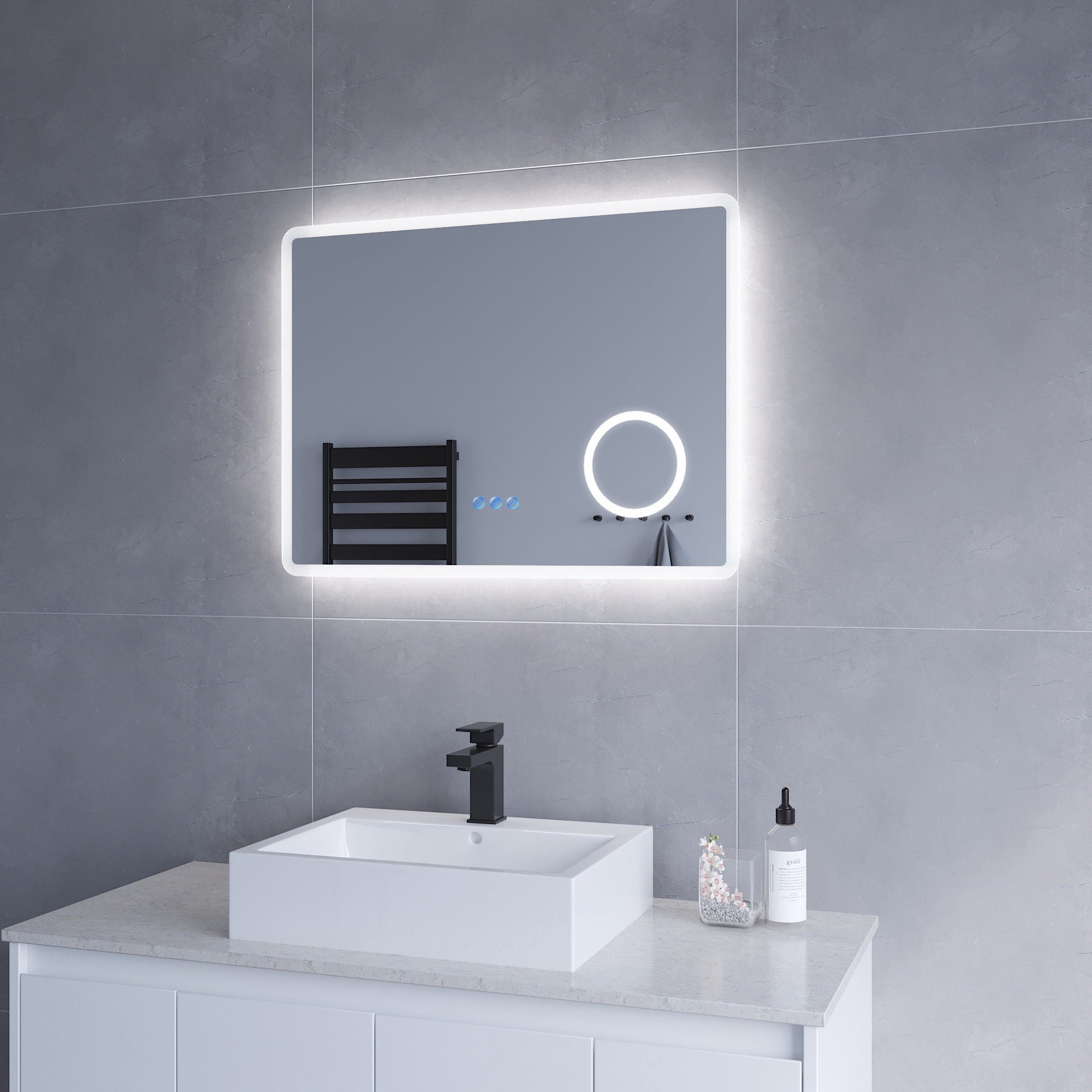 AQUALAVOS Badspiegel LED Spiegel Geeignet für Bad, mit 3-Fach Vergrößerung  Kosmetikspiegel, mit Energiesparend Kaltweiß 6400K und Warmweiß 3000K  Beleuchtung