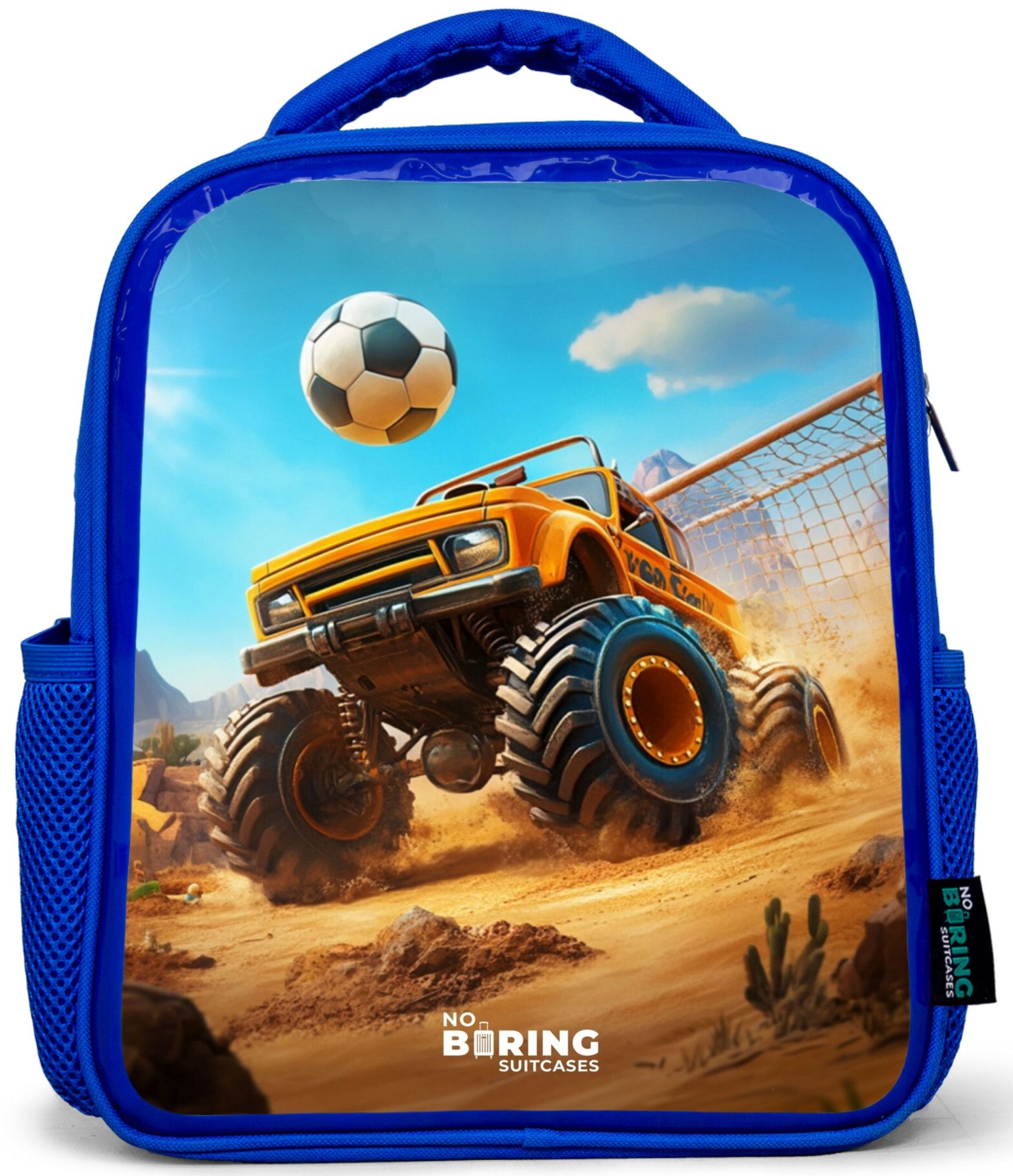 Rucksack Blau - Monstertruck schießt Tor im Wüstenstadion