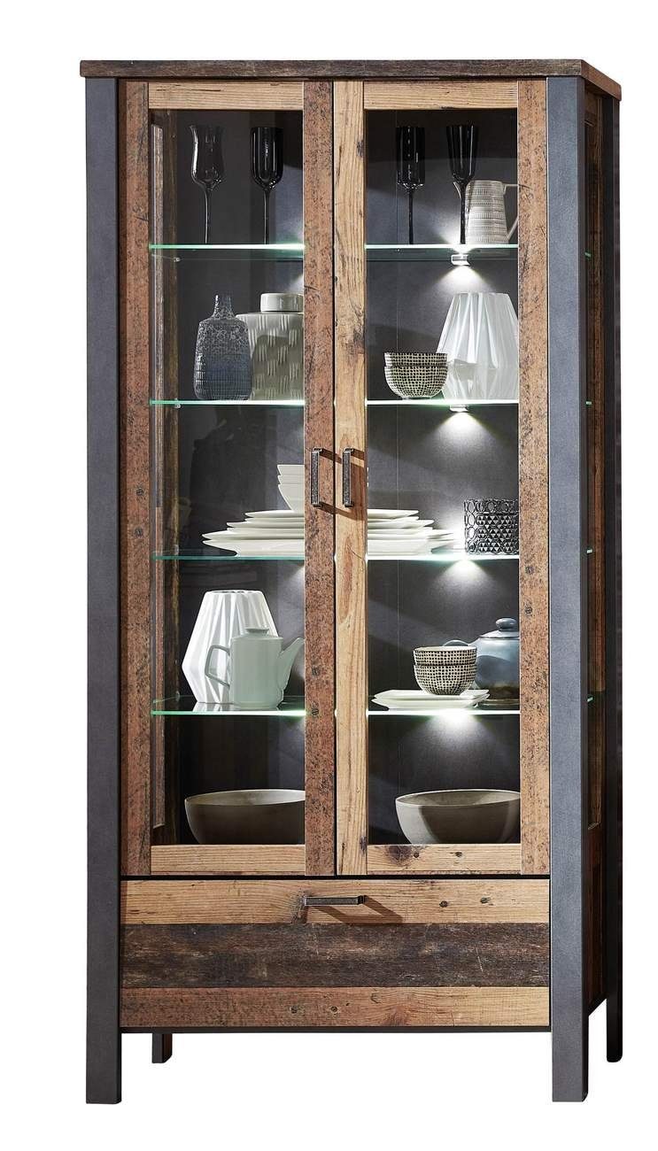 Innostyle Vitrine Vitrine CARDIFF mit LED Beleuchtung - Used Style Mix dark Nachbildung