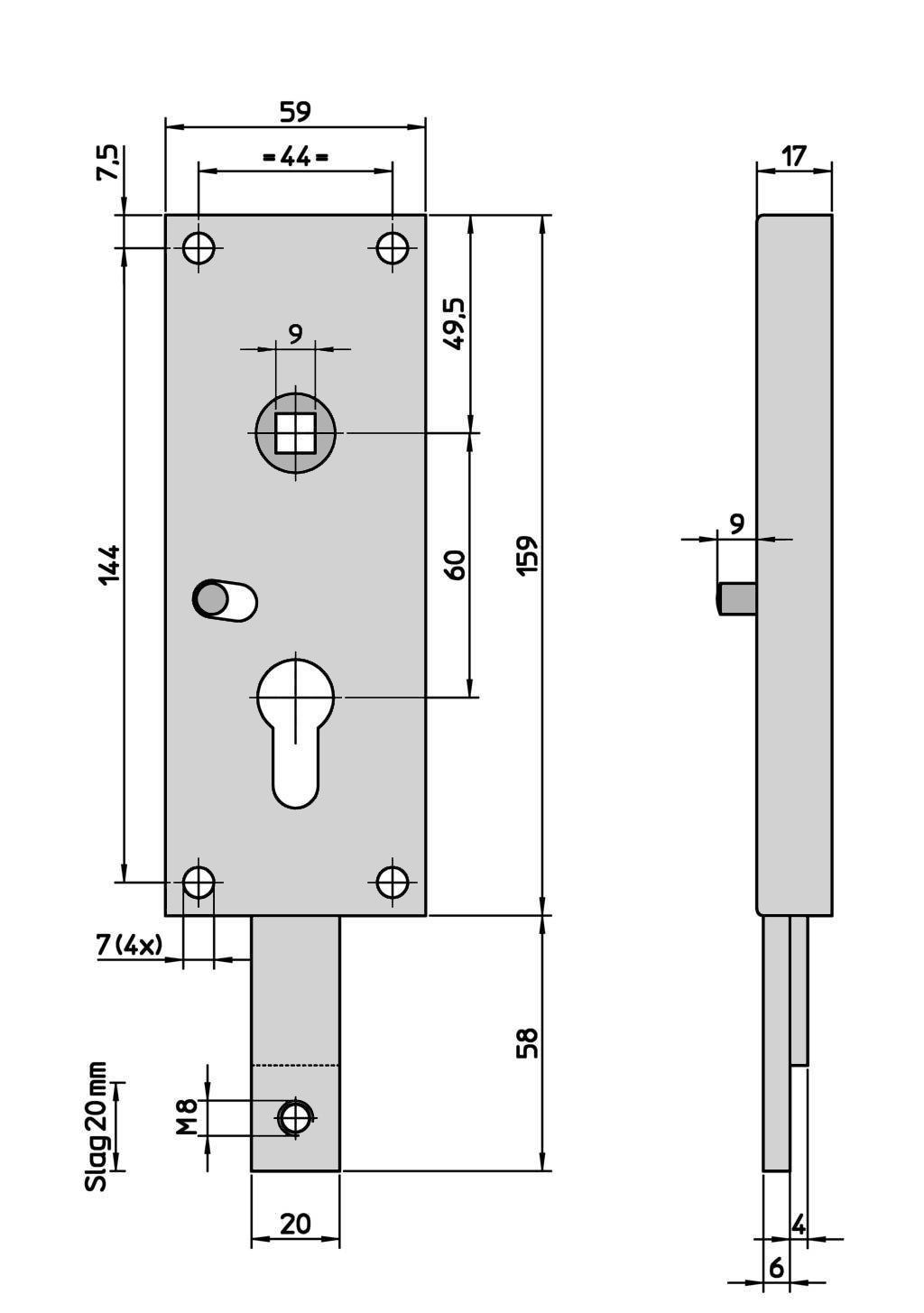 ASSA ABLOY Garagentorantrieb Garagentorschloss nach unten schließend – PZ 60/9 – federnd, (1-tlg), Drehzuhaltung (Nachtfunktion) – M8 Anschluss – verzinkt – Bild 4 von 4