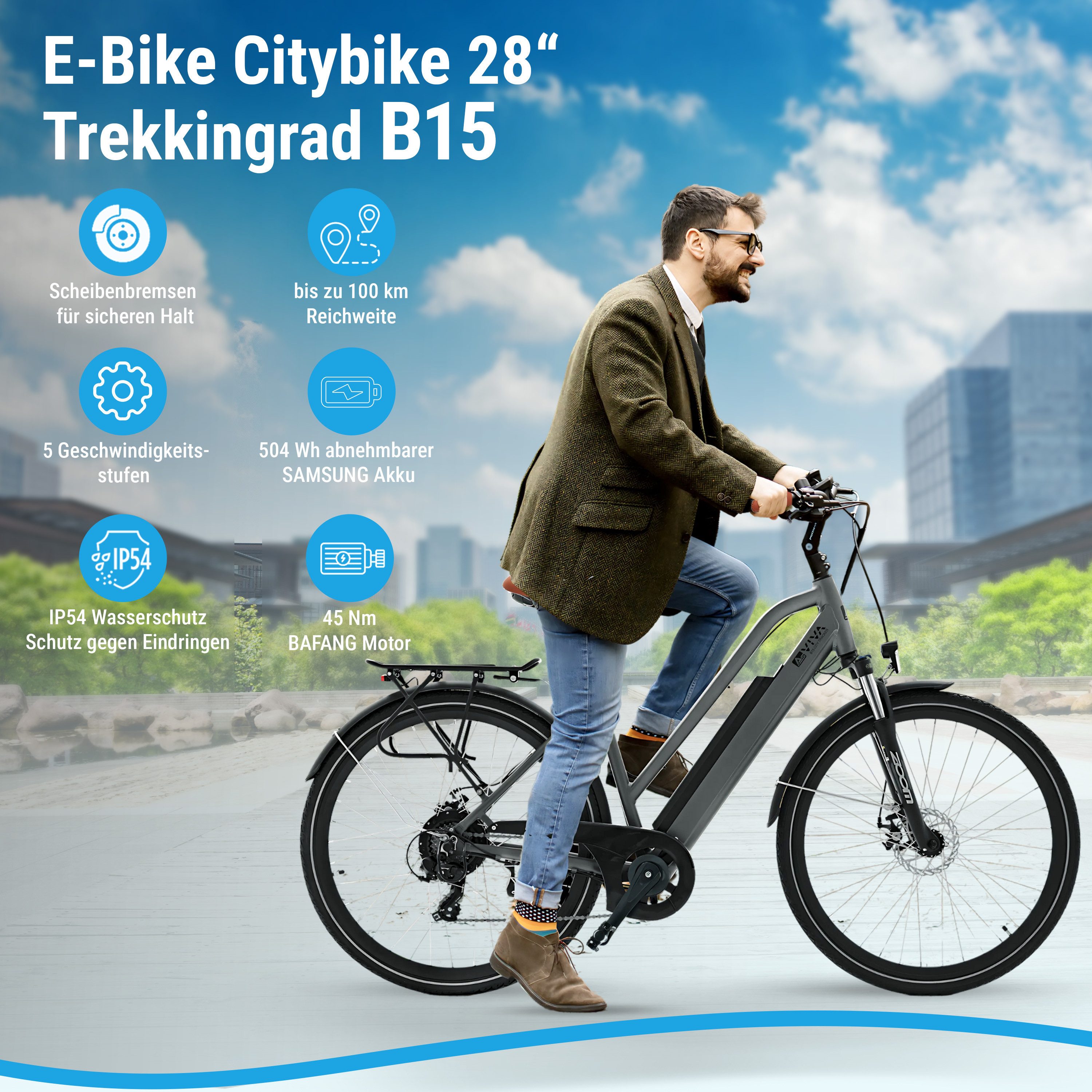 AsVIVA E-Bike Cityrad B15 28 Zoll, 7 Gang Shimano, Kettenschaltung, Heckmotor, 250W Bafang-Motor, Pedelec mit Gepäckträger, Samsung Akku
