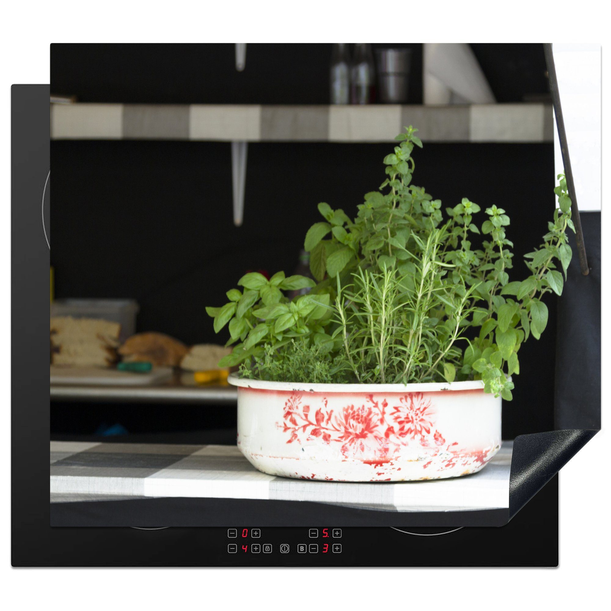 MuchoWow Herdblende-/Abdeckplatte Kulinarischer Oregano im Gemüsegarten, Vinyl, (1 tlg), 60x52 cm, Mobile Arbeitsfläche nutzbar, Ceranfeldabdeckung