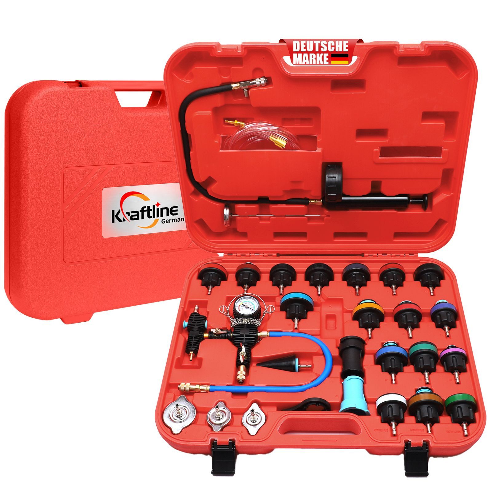 Kraftline Montagewerkzeug Kraftline Kühlsystem Tester & Abdrückgerät mit Vakuumpumpe Set, (Kfz-Werkzeugset, Vakuumpumpe, Adapter, Kühlerdrucktester, Schlauchset), Präzisionsmanometer