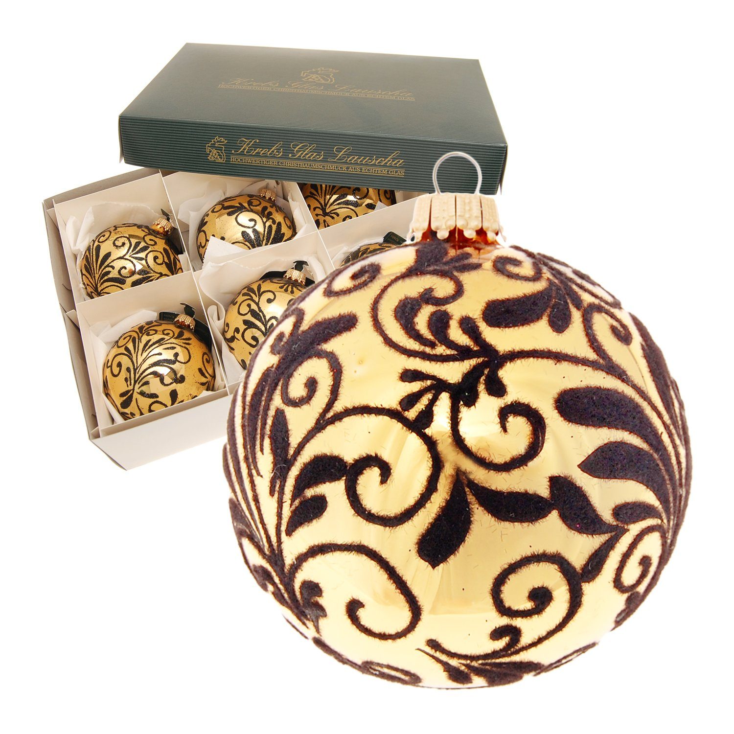 Krebs Glas Lauscha und glanz 8cm (6-tlg) mundgeblasen Gold mit beflockter Glaskugel Christbaumschmuck handdekoriert
