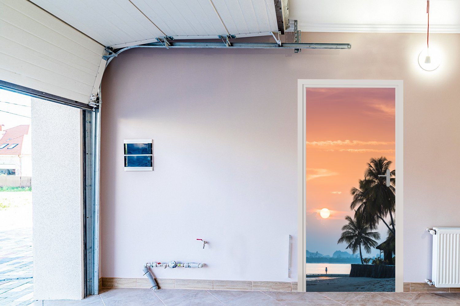 einer mit Sonnenuntergang Insel Silhouetten Palmen, cm (1 MuchoWow Türaufkleber, den Türtapete auf bedruckt, Tür, von für 75x205 St), Matt, Fototapete