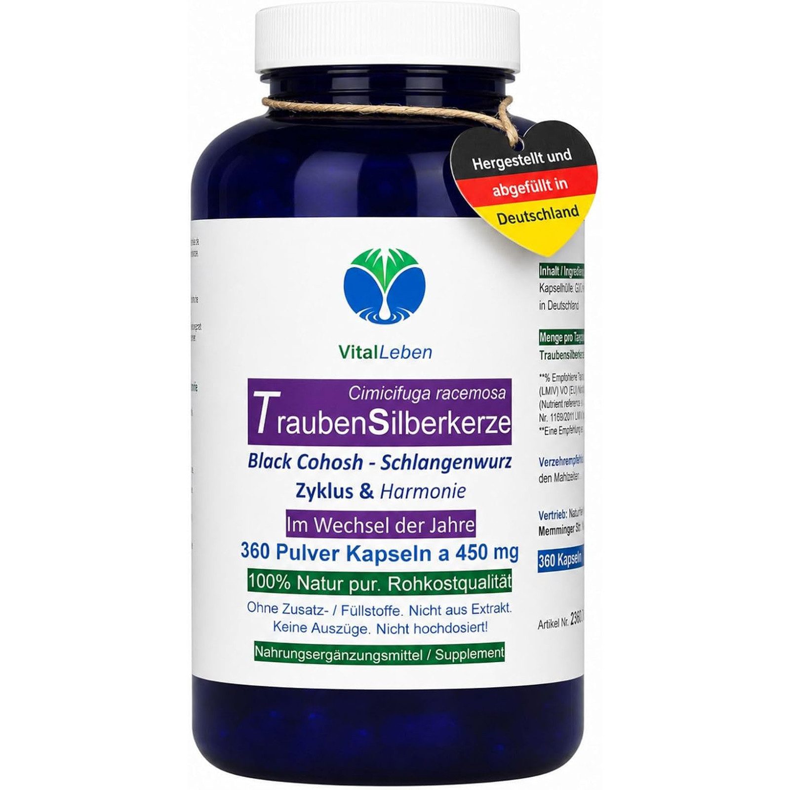 VitalLeben Traubensilberkerze Frauenpflanze Kein Extrakt - Ohne Zusätze - Kapseln, 1 er Dose à 360 St., 162 g, Art. 26850-360