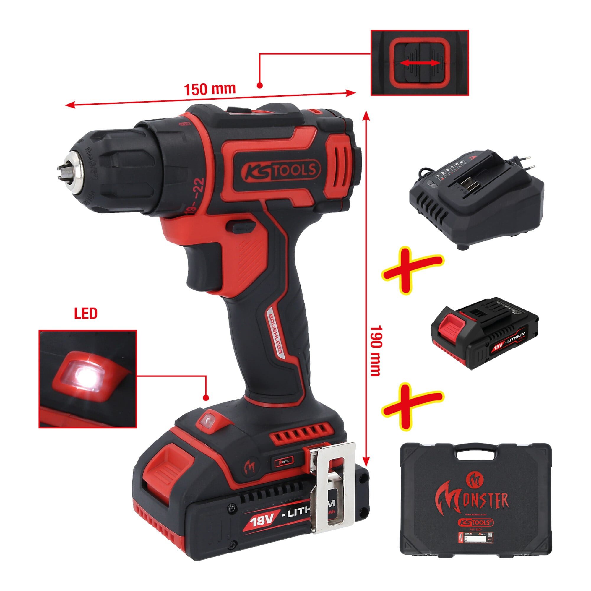 KS Tools Bohrschrauber KS Tools eMONSTER Brushless-Akku-Bohr-Schrauber-Satz, 4-tlg