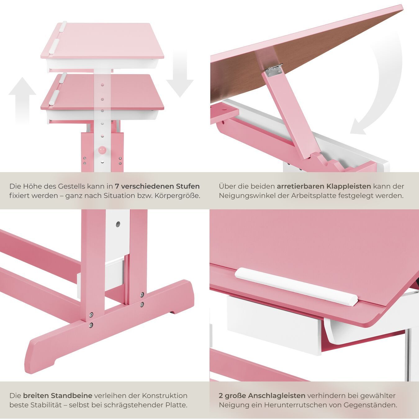 tectake Kinderschreibtisch Höhenverstellbarer Computertisch aus Holz, Maße 109 x 55 x 94 cm (Höhenverstellbarer Bürotisch, 1-St., in pink), neigbare Platte, 7-f – Bild 5 von 5