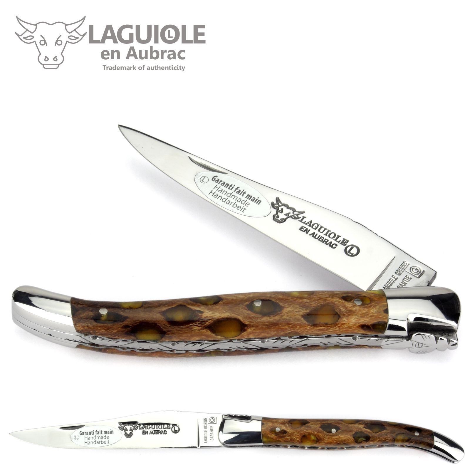 Laguiole en Aubrac Taschenmesser L0212CA1H/FSJ1, Griff 12cm Cholla Kaktus - Feder und Platine verziert - Stahl glänzend