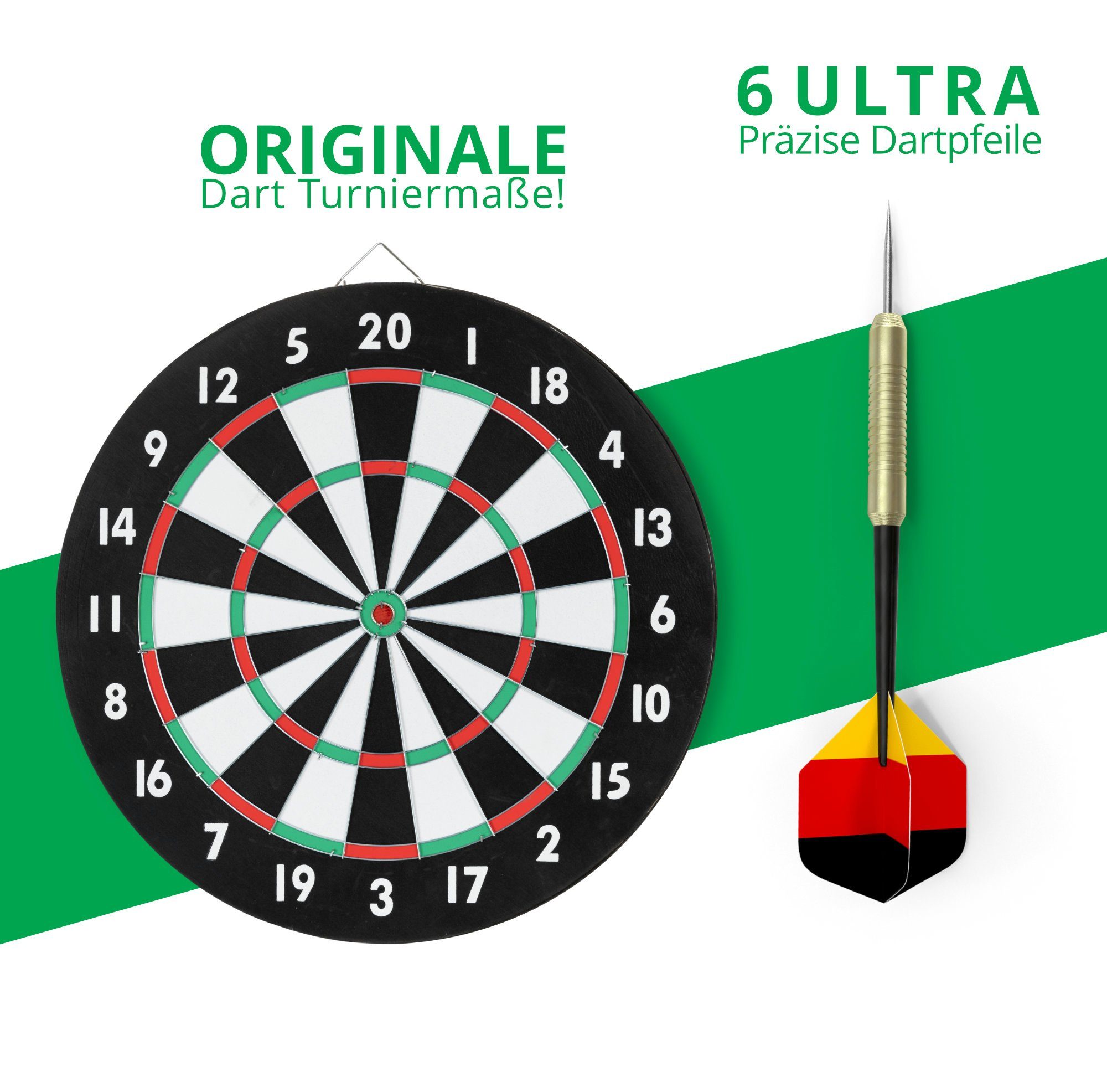 Stagecaptain Dartscheibe DBP-1810 BullsEye Papier-Dartscheibe, (Dartboard-Set, 18-tlg., inkl. 6 Dartpfeilen und 12 Flights), Steeldartscheibe aus Paper, zweiseitig bespielbar