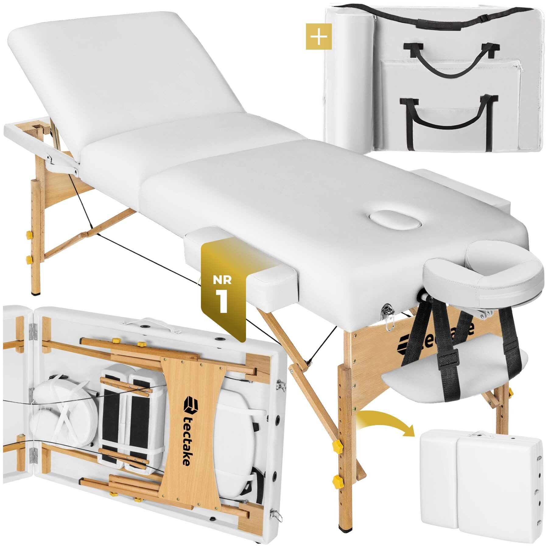 tectake Massageliege 3-Zonen-Massagetisch-Set, 218 x 102 x 90 cm, Polsterung 7,5 cm (Kosmetikliege Somwang, 1-St., in weiß), Breite 70 cm, Tragetasche, mit Holzgestell, klapp- & höhenverstellbar