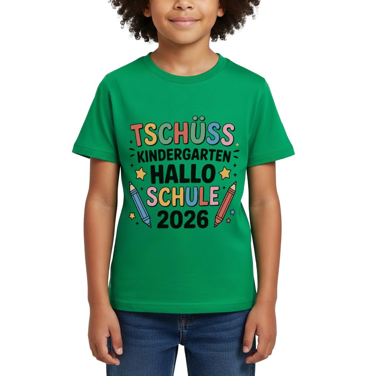 Spreadshirt T-Shirt Tschüss Kindergarten Hallo Schule 2026 Kinder T-Shirt (1-tlg) Fällt klein aus. Wir empfehlen, eine Größe größer zu bestellen.