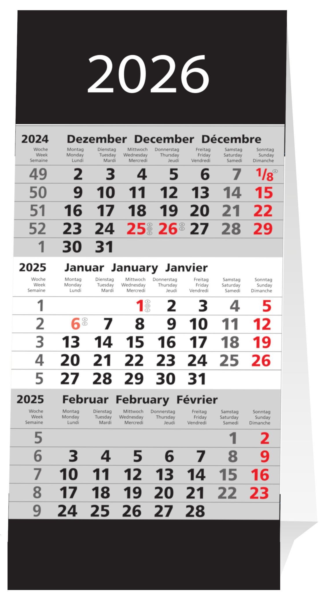 ADINA Wandkalender 2026 ADINA sw 3-Monatskalender Aufstellkalender für den Schreibtisch