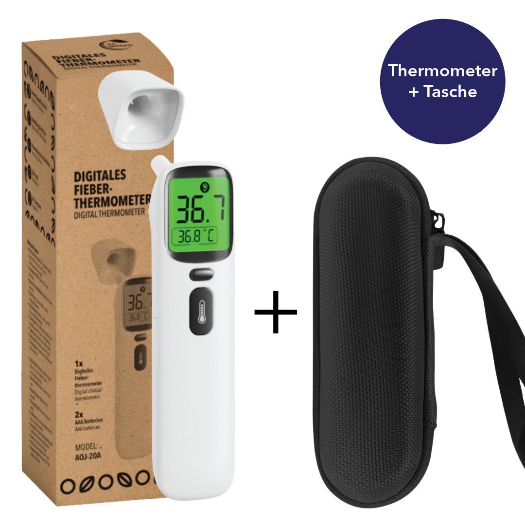 IEA Green Infrarot-Fieberthermometer AOJ-20A kontaktlos, Bundle mit Schutztasche, 2-tlg., Set inkl. Tasche, für Babys/Kinder/Erwachsene, Stirn & Ohr, Farbwarnsystem