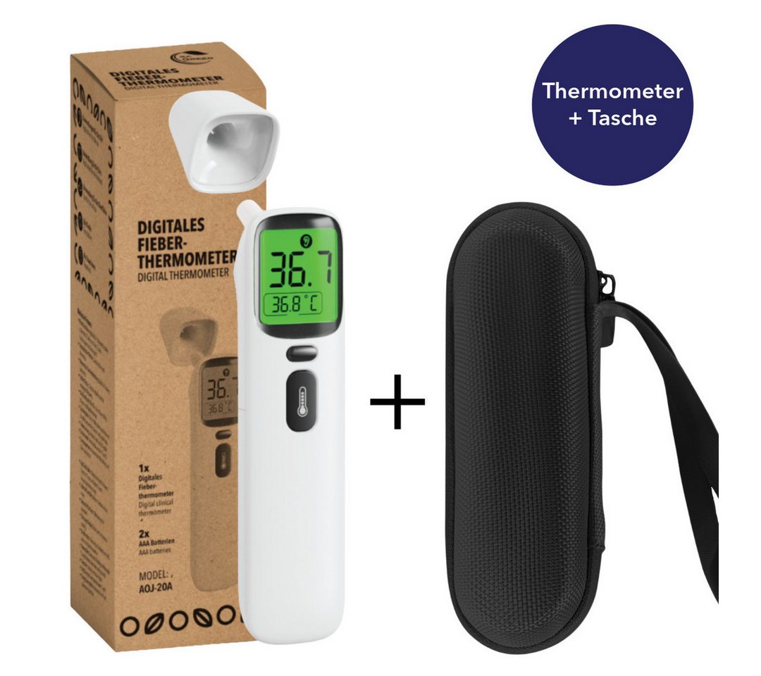 IEA Green Infrarot-Fieberthermometer AOJ-20A kontaktlos, Bundle mit Schutztasche, 2-tlg., Set inkl. Tasche, für Babys/Kinder/Erwachsene, Stirn & Ohr, Farbwarnsystem