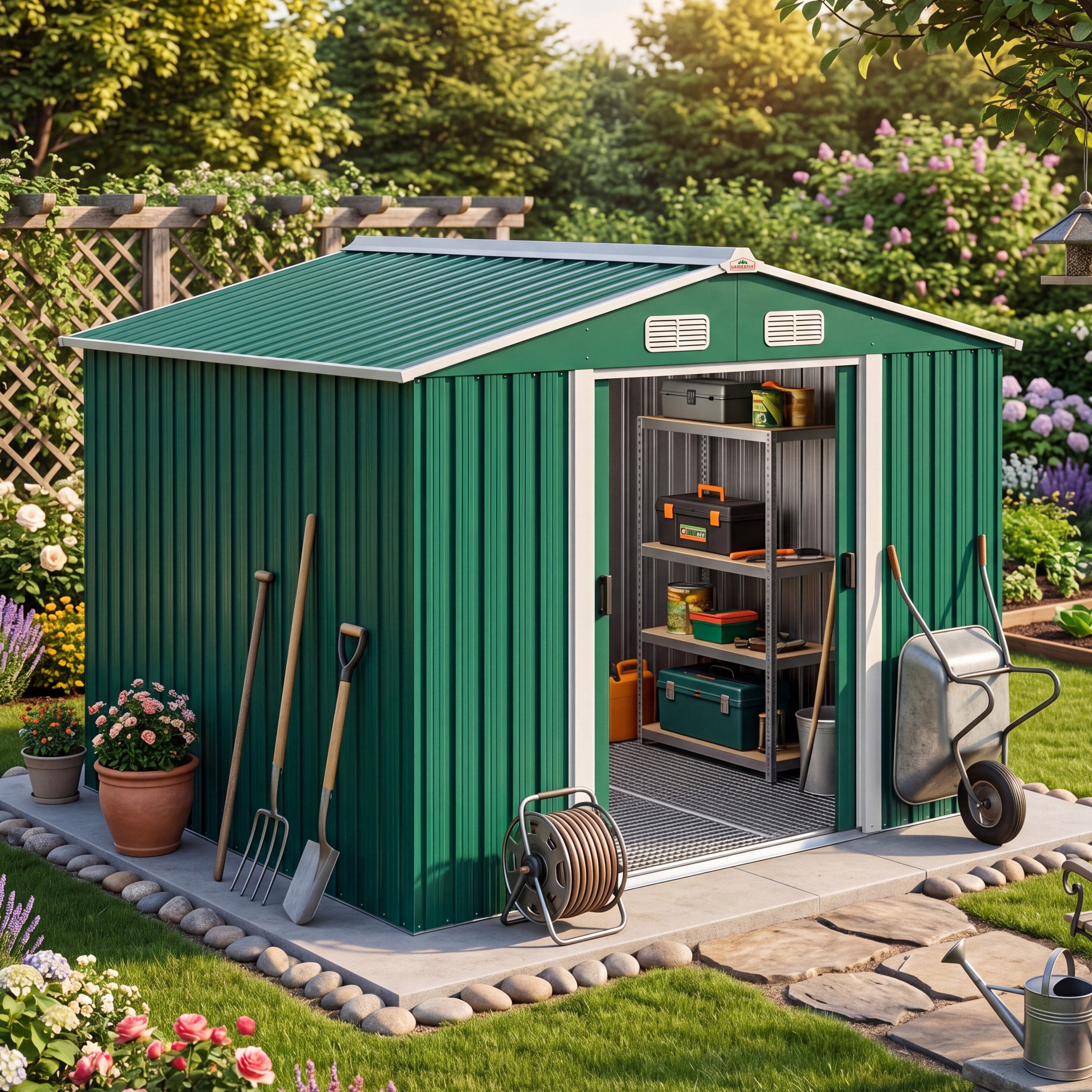 Gardebruk Gerätehaus, BxT: 205x257 cm, XXL Metall 9m³ mit Fundament 260x205x180 cm Schiebetür Grün