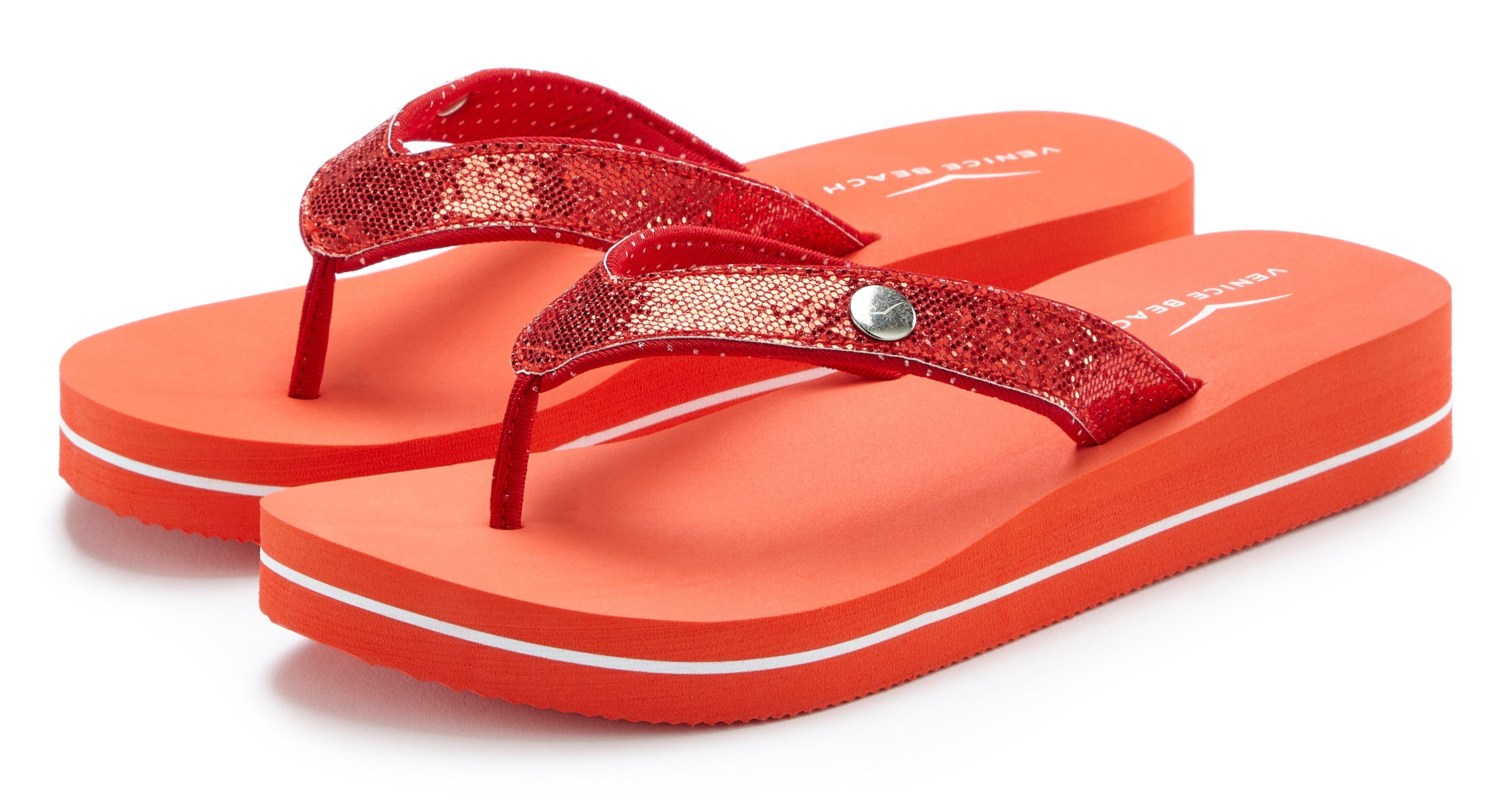 mit VEGAN Sandale, Badeschuh Venice ultraleicht rot Glitzerband Pantolette, Badezehentrenner Beach