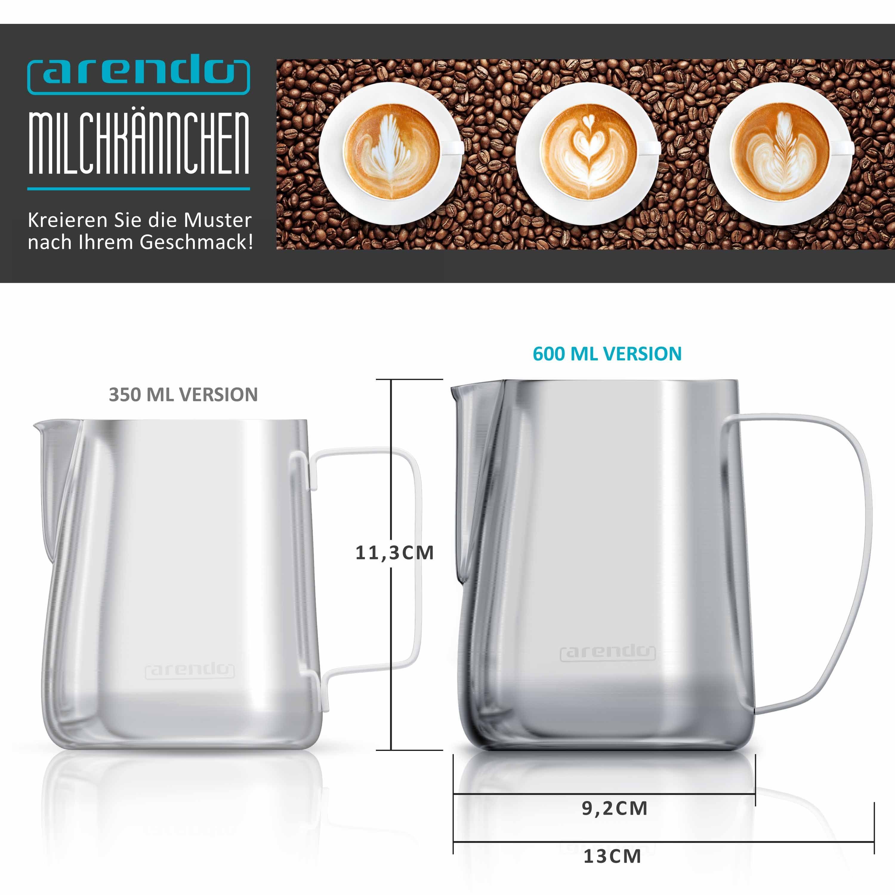 Arendo Milchkännchen, 0,6 l, Edelstahl, mit Messskala, Milchkanne zum Aufschäumen von Milchschaum