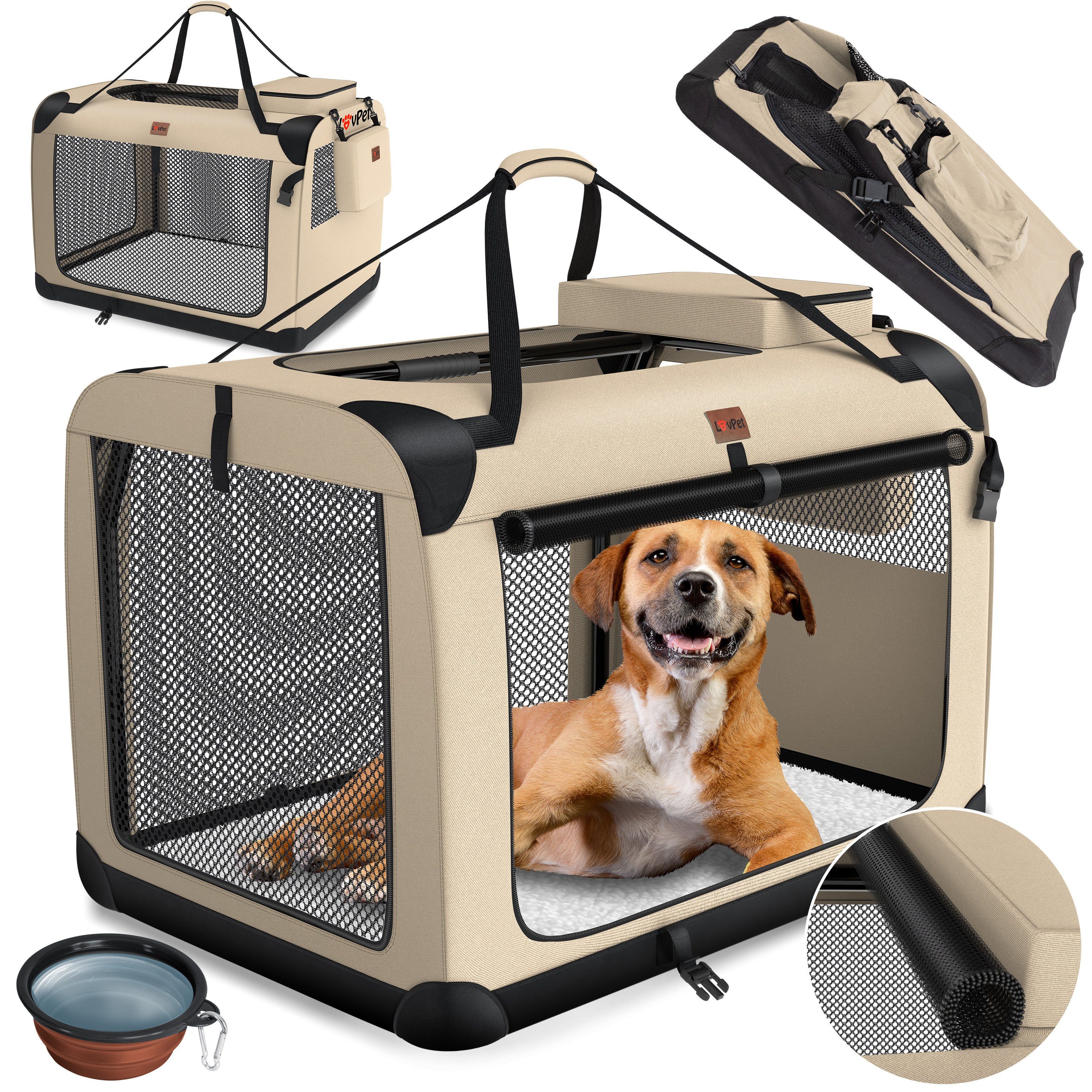 Lovpet Tiertransportbox bis 32 kg, Hundebox Hundetransportbox faltbar Inkl.Hundenapf Transportt
