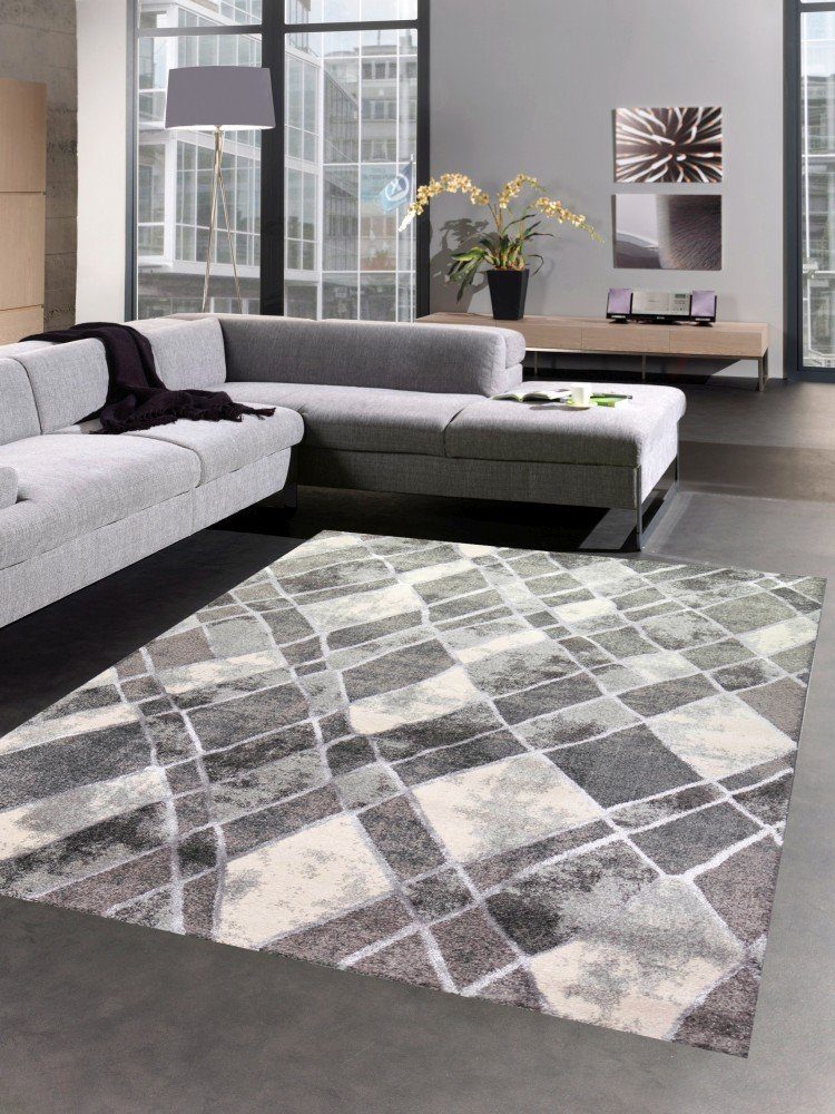 Teppich Teppich Wohnzimmer Wohnzimmerteppich Rauten grau creme