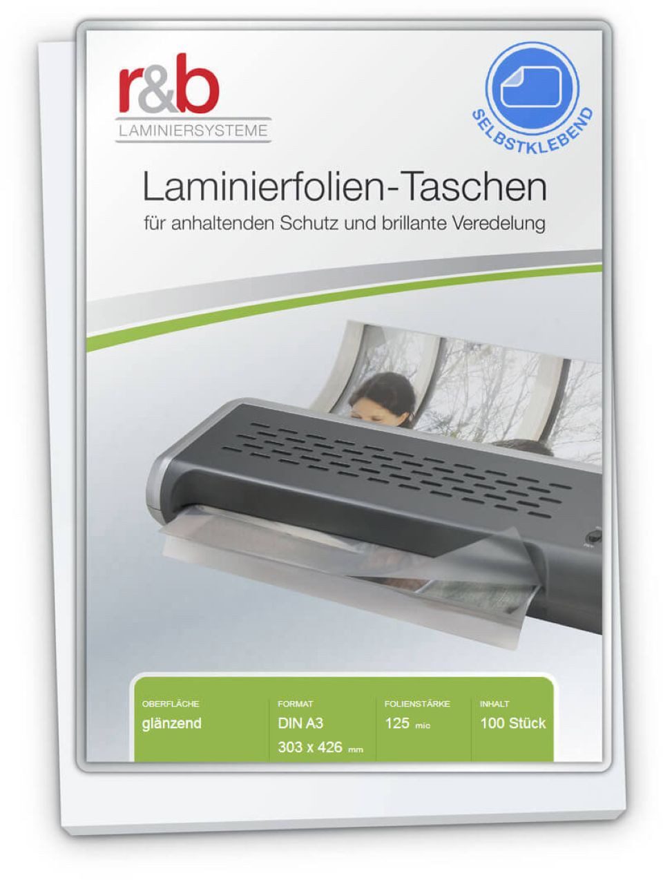 r&b Laminiersysteme Laminierfolie r&b Laminierfolie, glänzend, mit selbstklebender Rückseite, A3, glänzend, 100 St., Selbstklebend, glänzend, transparent, wasserabweisend, formstabil