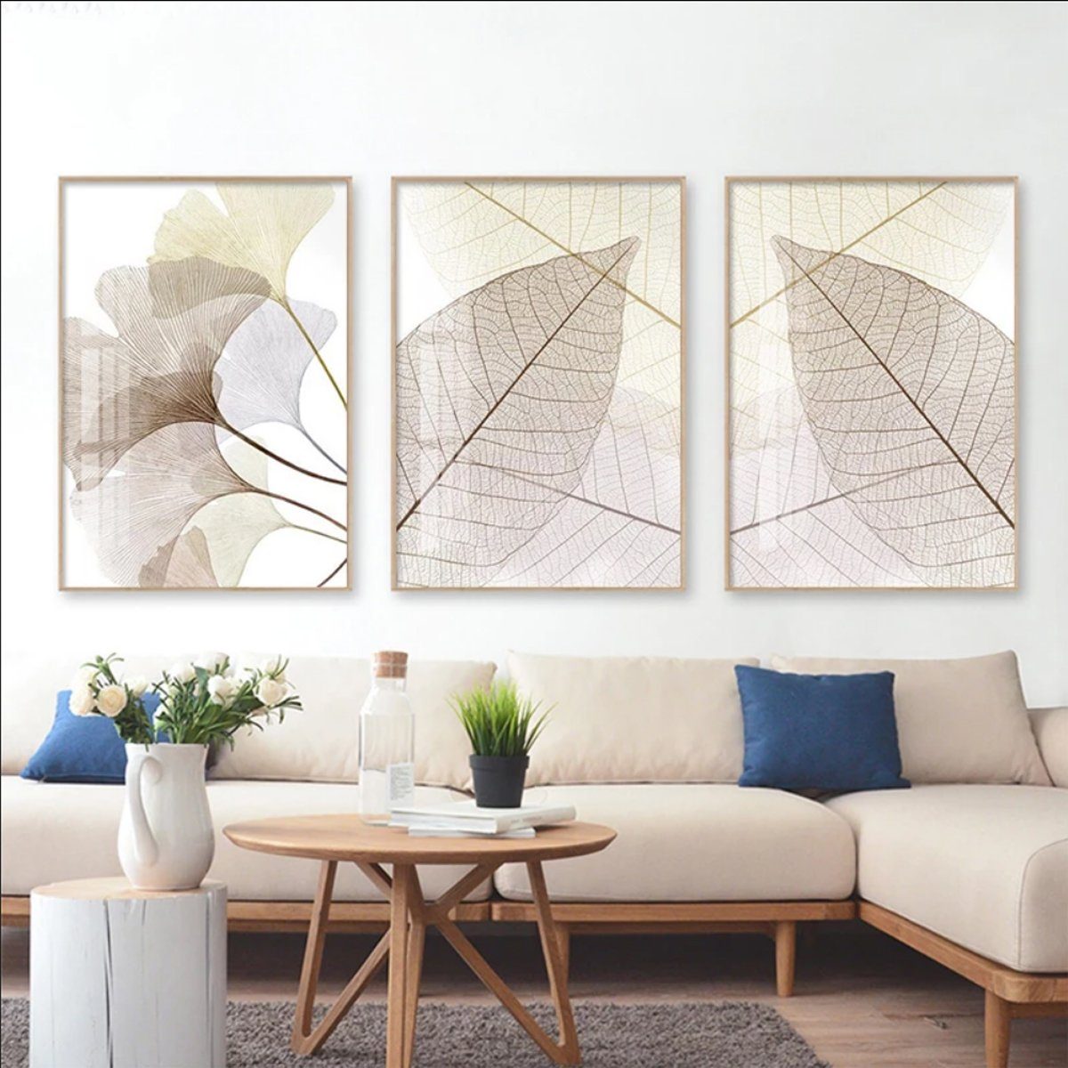 TPFLiving Kunstdruck (OHNE Leinwand - Wandbild, Wanddeko 10x15cm - Set), verschiedene Ginkgo-Blatt (15 - zur Poster Größe: Wohnzimmer 3-er - Auswahl Auch Größen und im günstigen Beige Weiß - - Farben: RAHMEN)