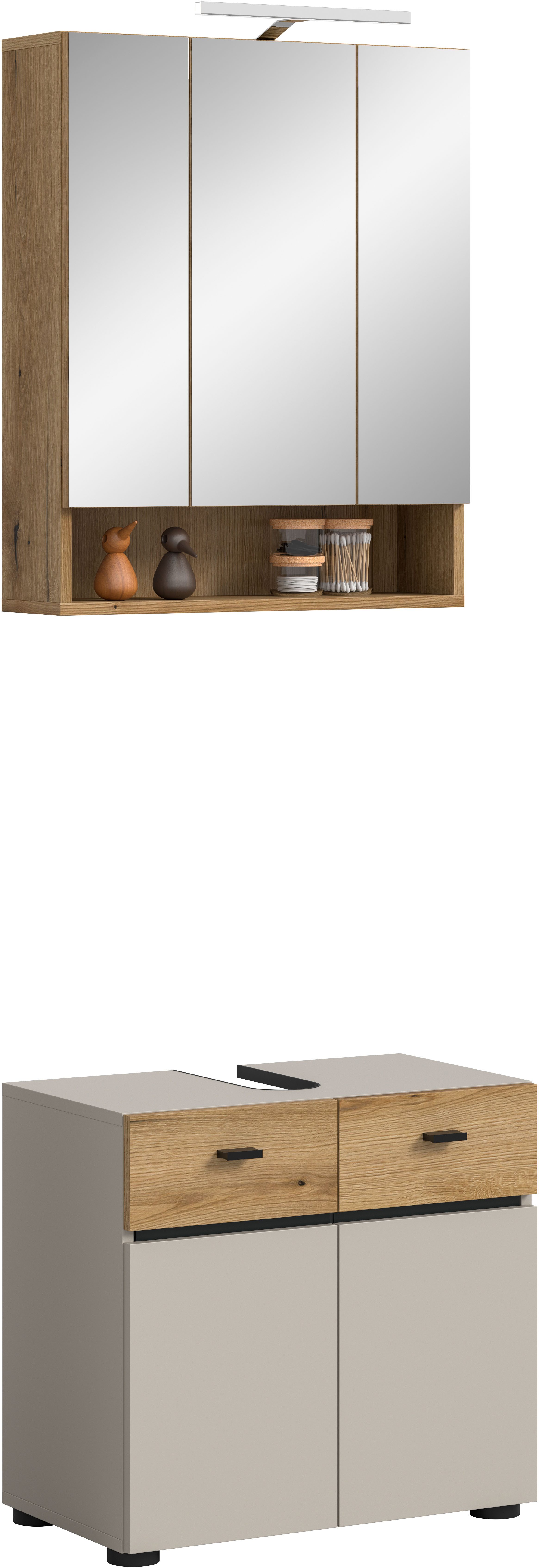 welltime Badmöbel-Set VANN, 2-teilige moderne Badkombination, inkl. Beleuchtung, (2-St., 1x Waschbeckenunterschrank, 1x Spiegelschrank inkl. Beleuchtung), Bad-Kombination, Bad-Möbel, Badezimmer, Kombination, Kombi, Bad-Set