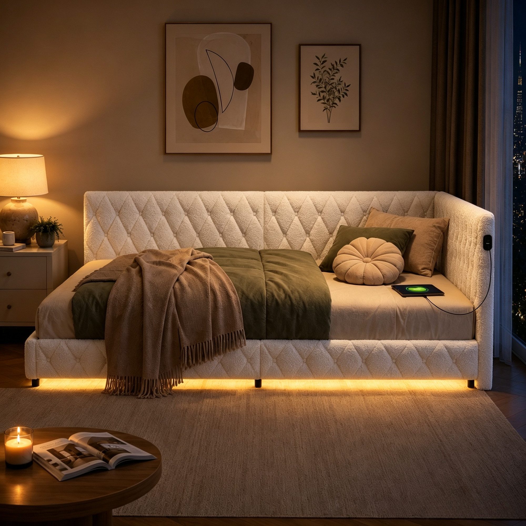 Simurq Polsterbett Daybett mit LED-Beleuchtung & USB, Tagesbett Jugendbett (Packung, 1-tlg., Teddysamt, in 2 Größen verfügbar), Schlafsofa Sofabett Doppelbett