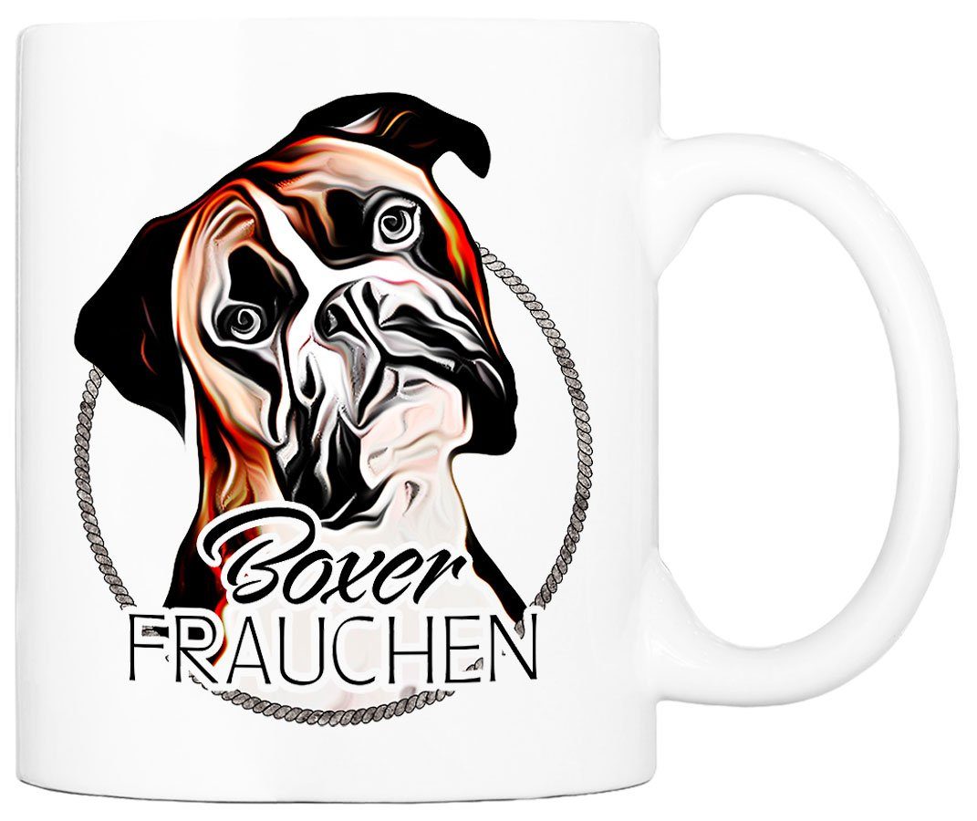 Cadouri Tasse BOXER FRAUCHEN - Kaffeetasse für Hundefreunde, Keramik, mit Hunderasse, beidseitig bedruckt, handgefertigt, Geschenk, 330 ml