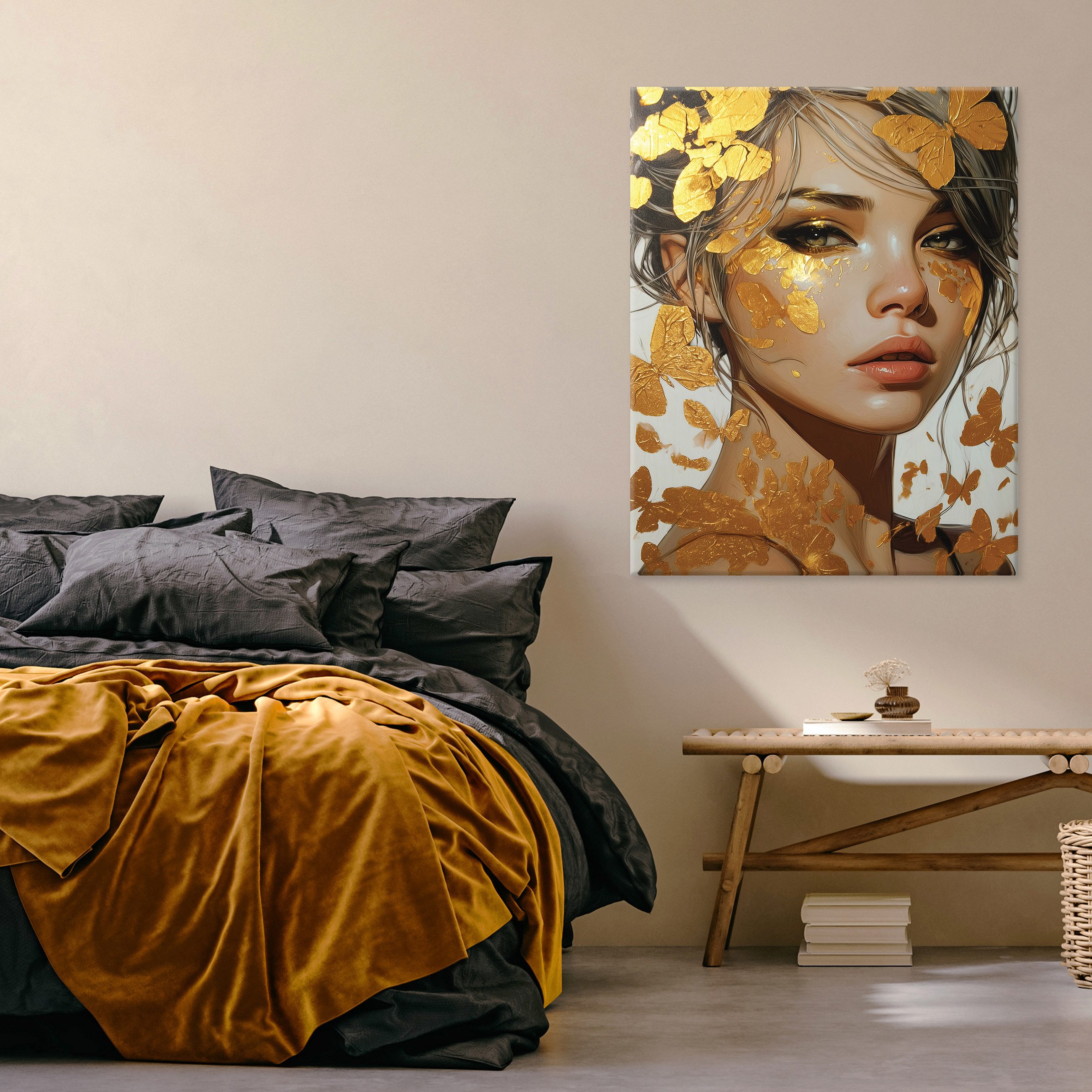 Wallarena Leinwandbild Frau Gold Schmetterlinge Wandbilder günstig online kaufen